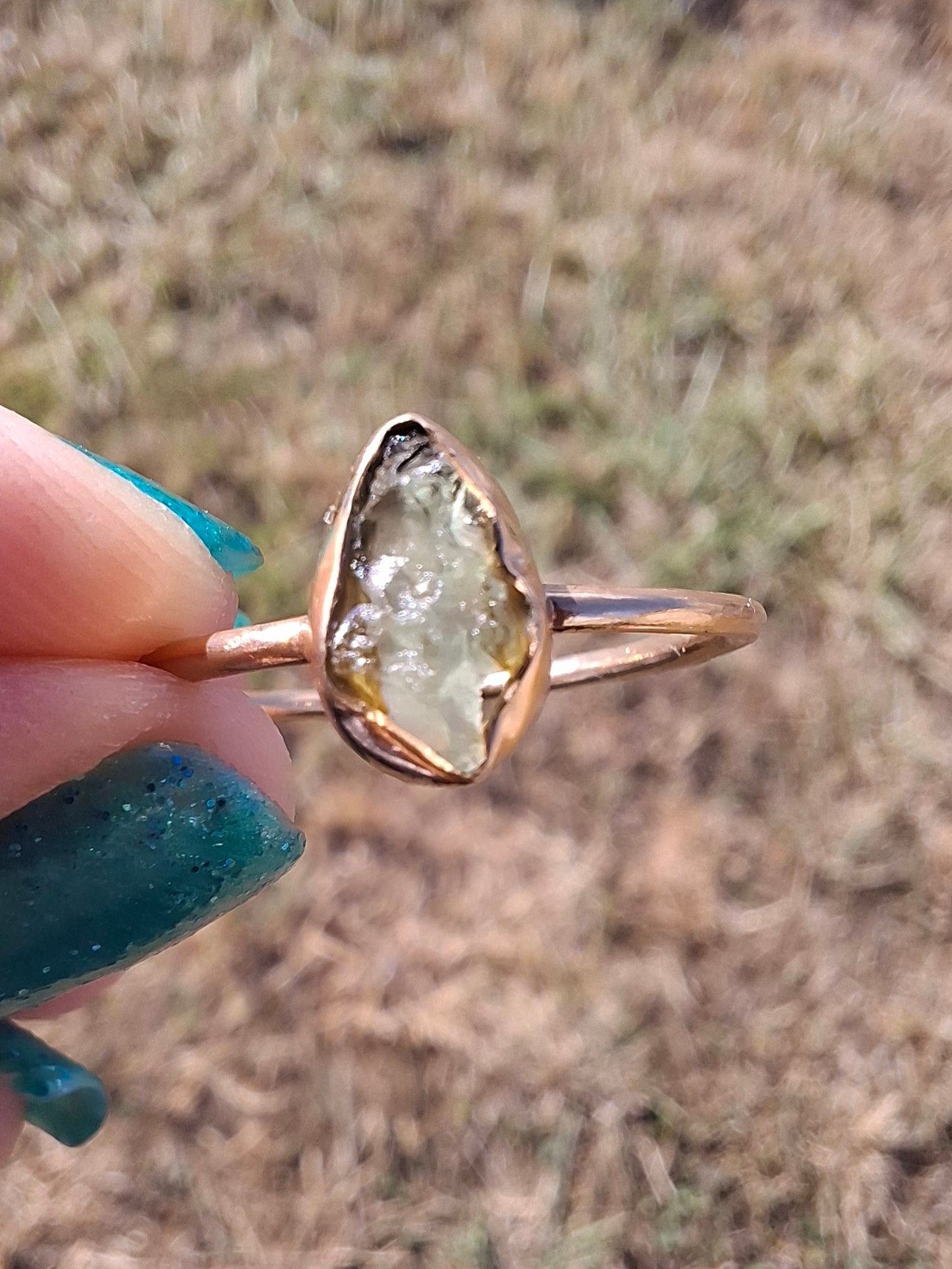 Moldavite Ring, 14K GOLD Plated, size large T, Tektite (Ref: R347)