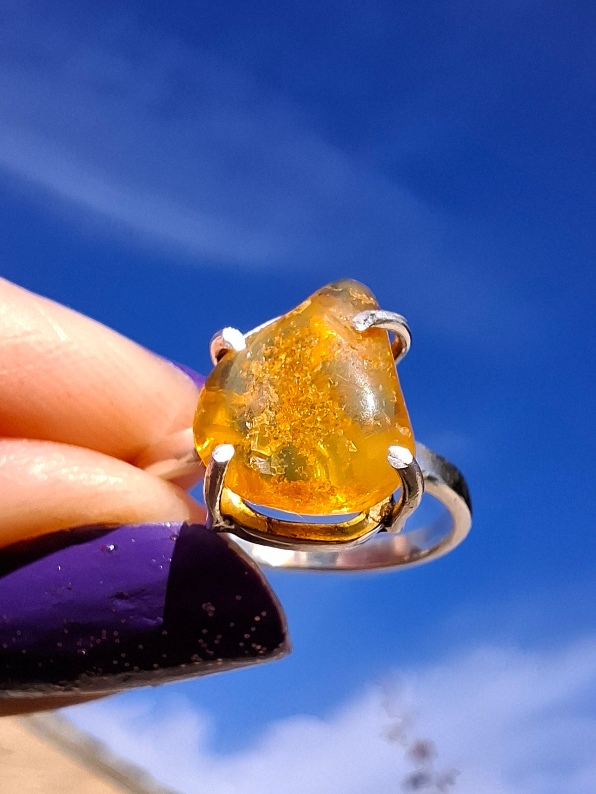 Baltic Amber Ring, size large M, 925 Silver, Fossil (Ref: AR6)
