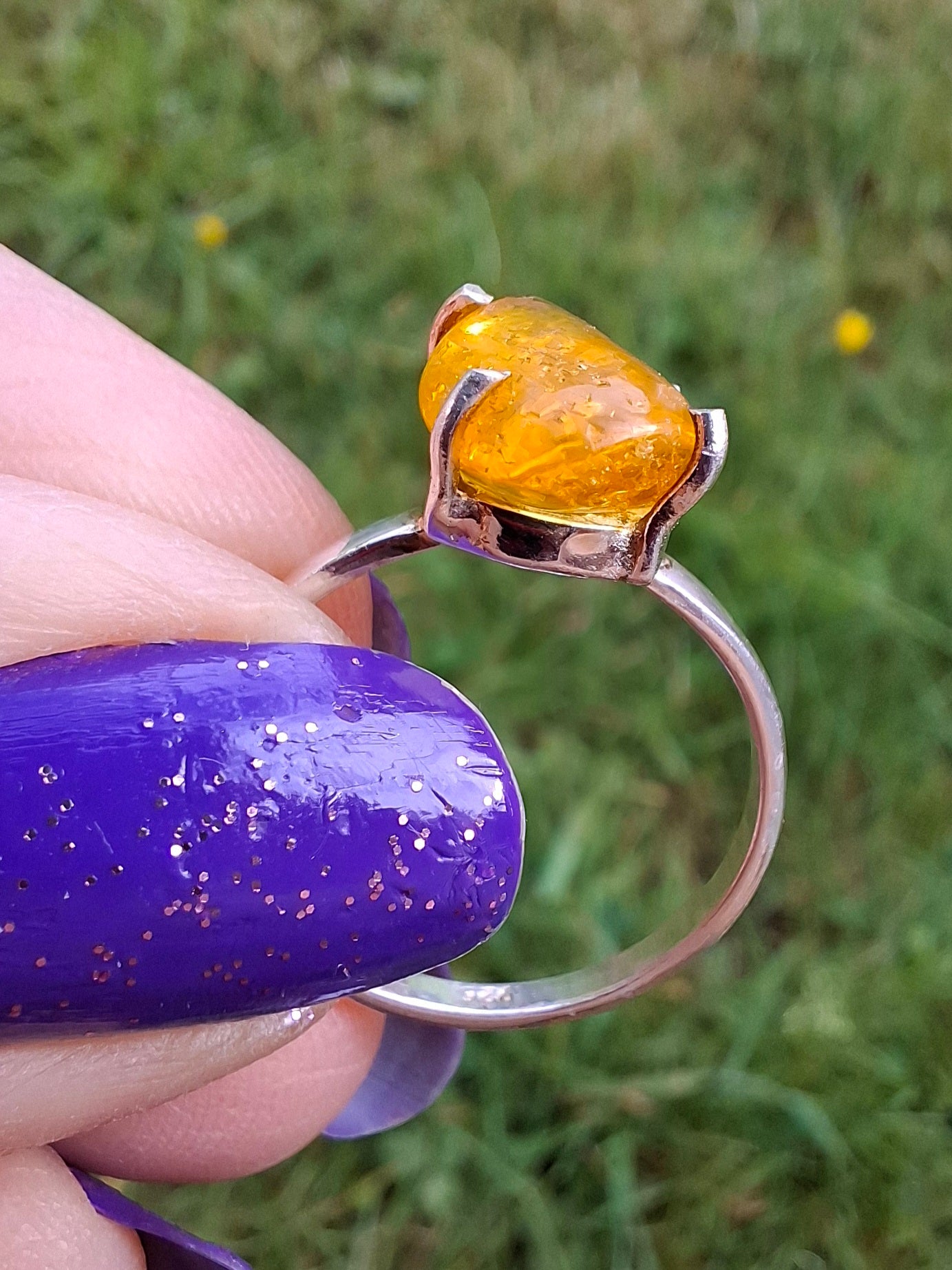 Baltic Amber Ring, size large O, 925 Silver, Fossil (Ref: AR12)