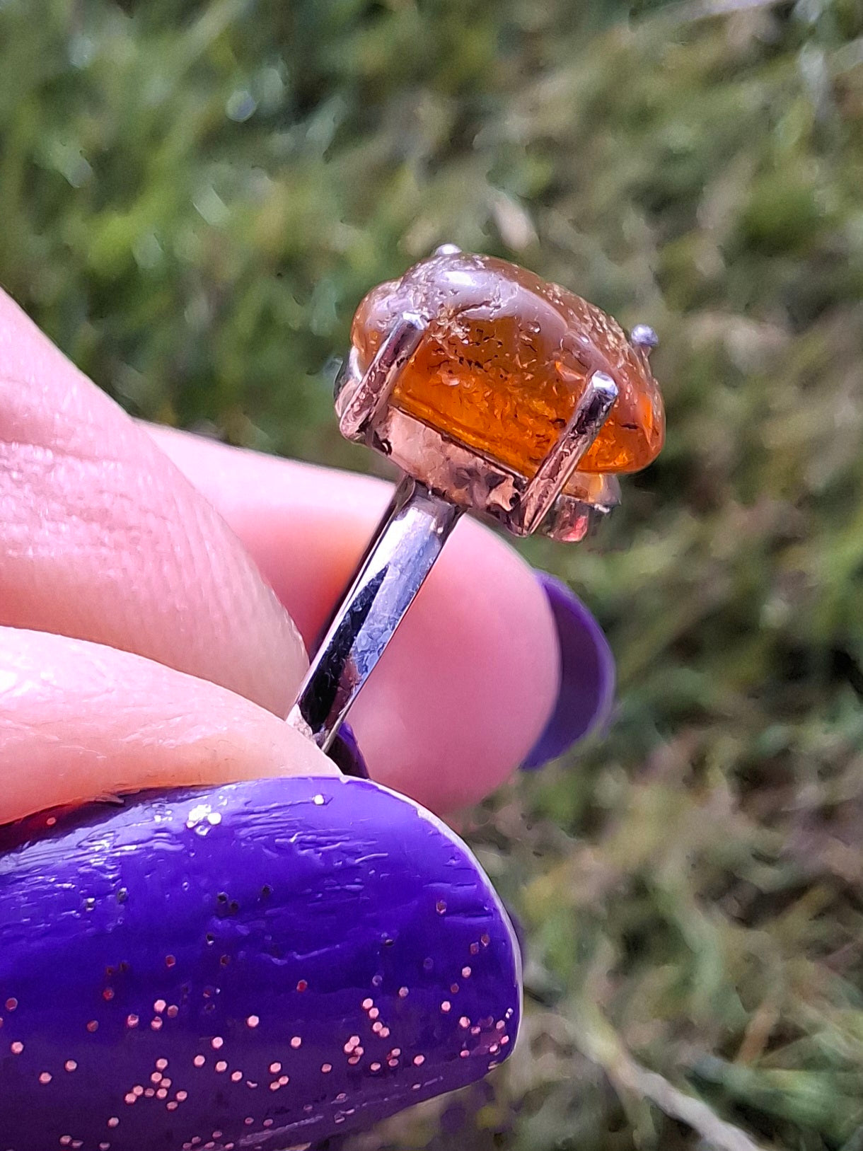 Baltic Amber Ring, size large W, 925 Silver, Fossil (Ref: AR28)