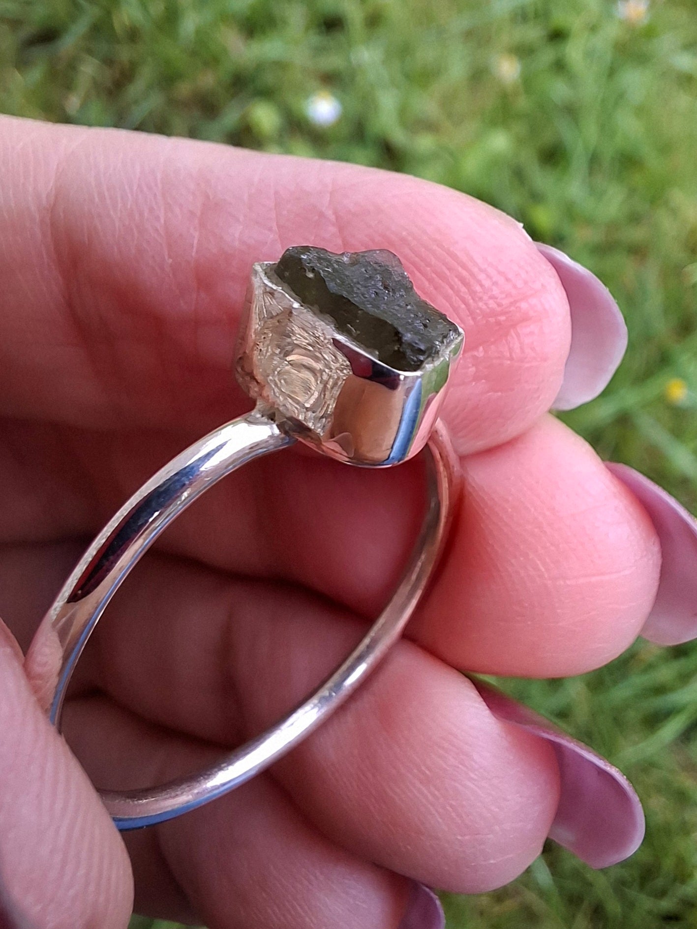 Moldavite Ring, size small W, 925 Silver, Tektite (Ref: R59)