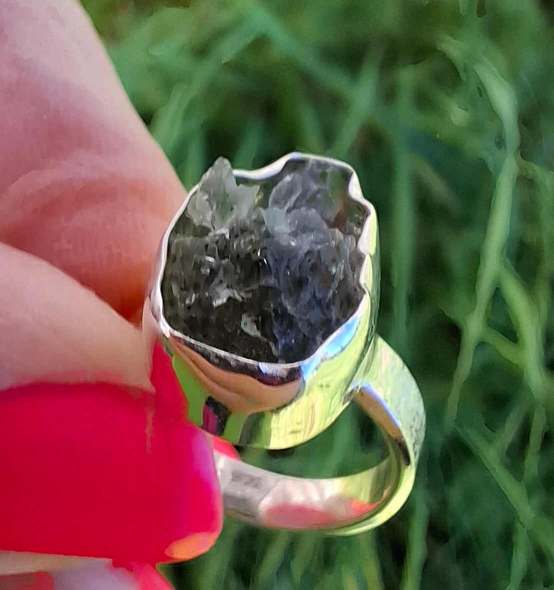Moldavite Ring, size H, 925 Silver, Tektite (Ref: R294)