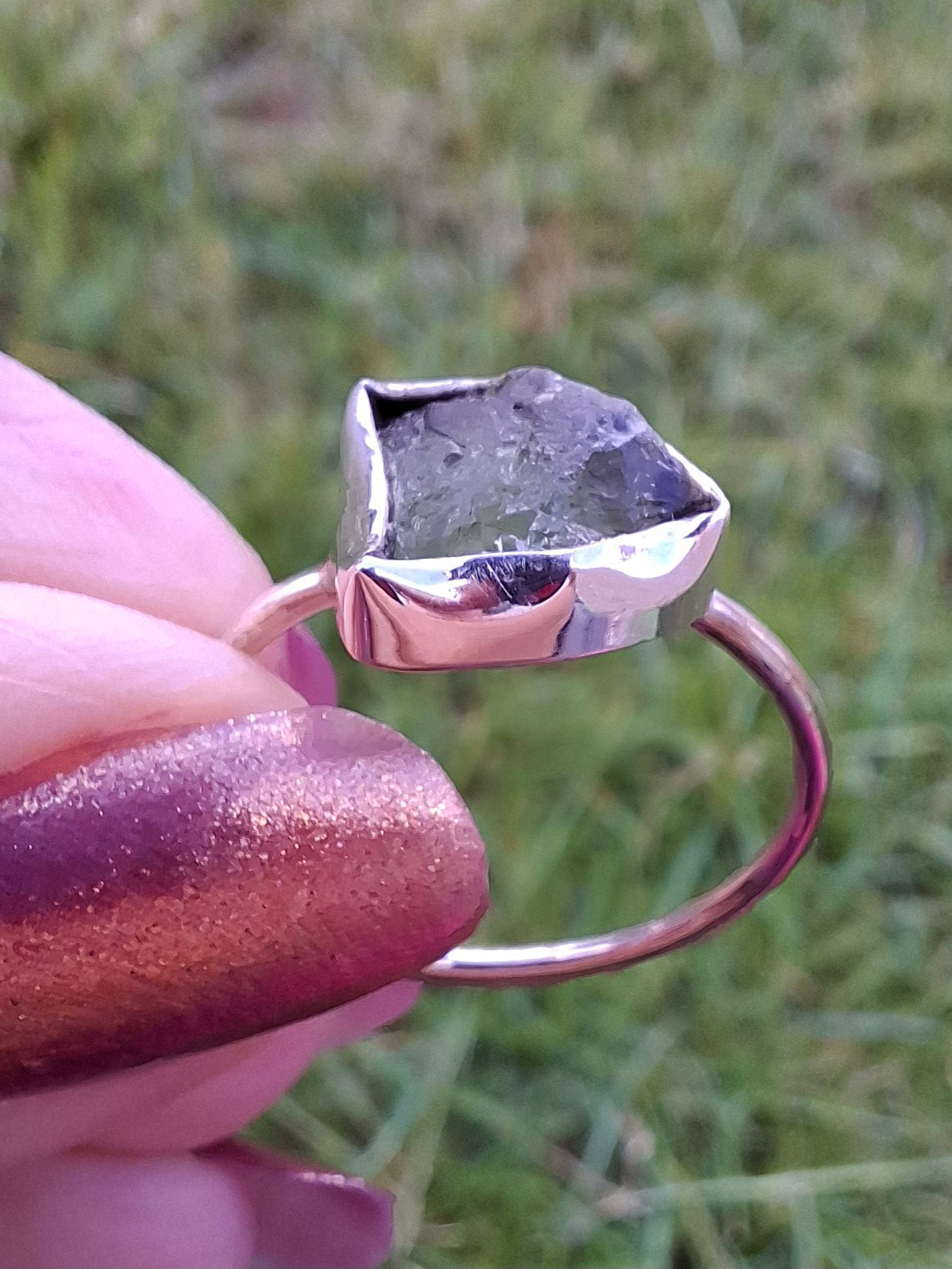 Moldavite Ring, size large T, 925 Silver, Tektite (Ref: R28)