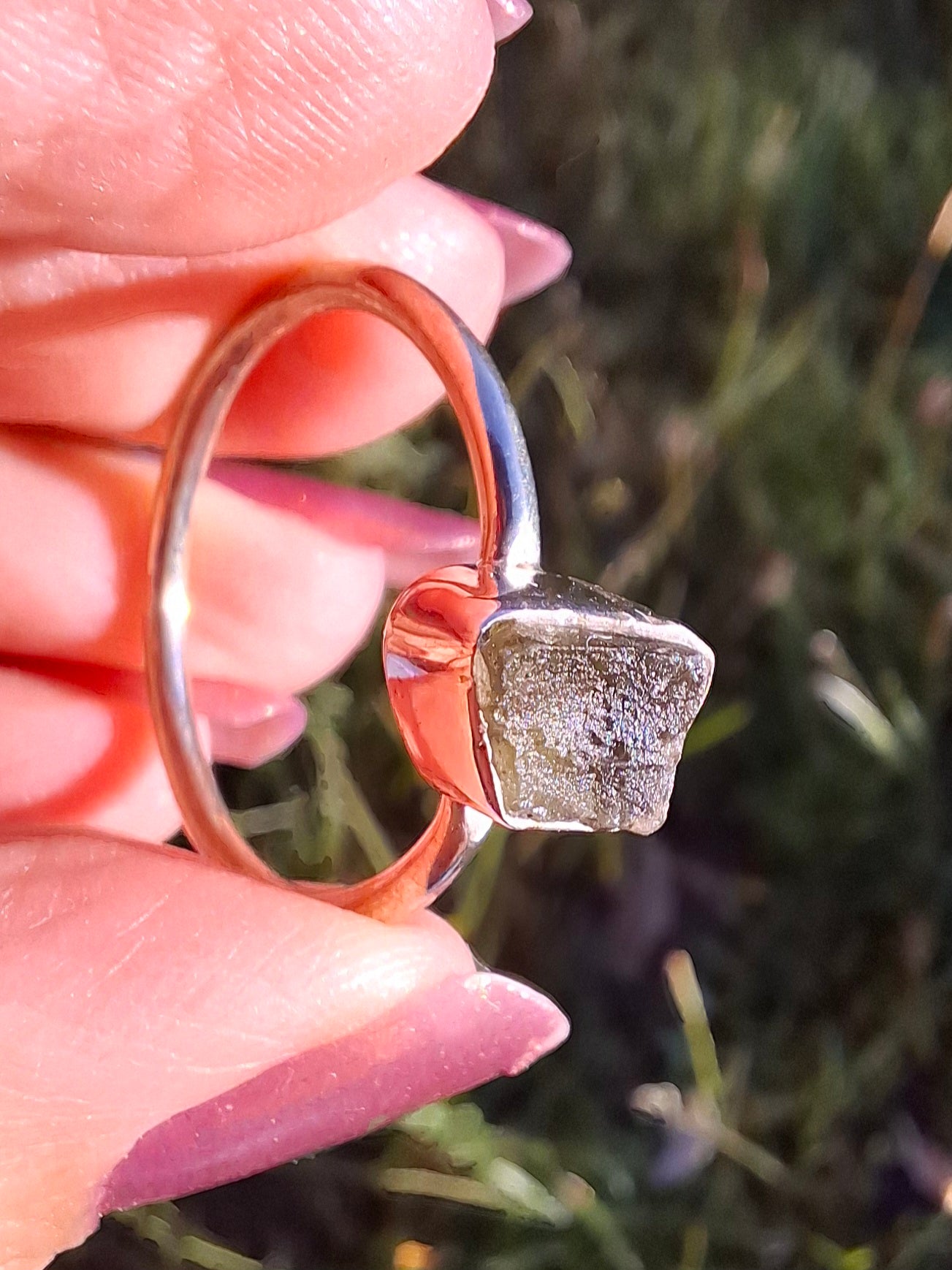 Moldavite Ring, size small W, 925 Silver, Tektite (Ref: R59)