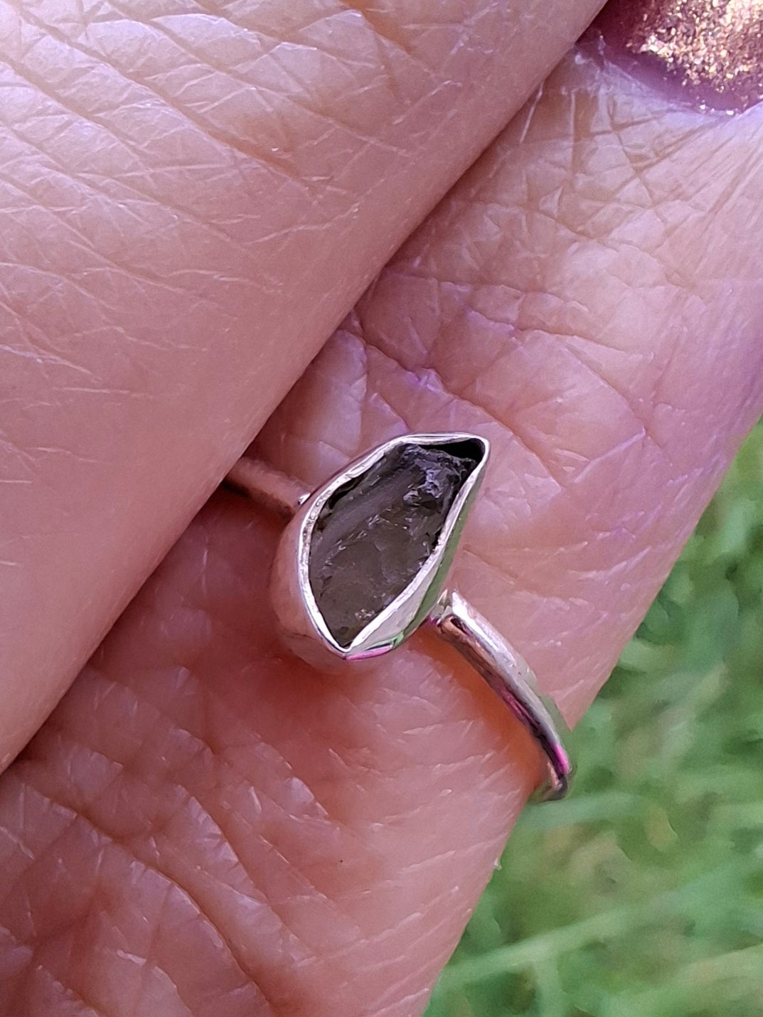 Moldavite Ring, size small L, 925 Silver, Tektite (Ref: R35)