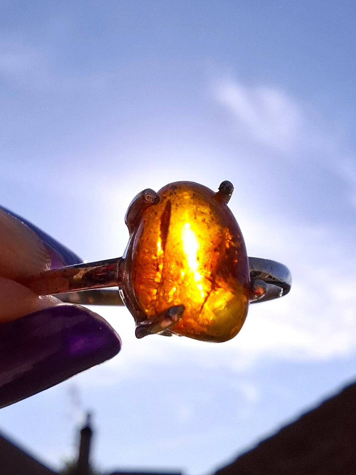 Baltic Amber Ring, size large W, 925 Silver, Fossil (Ref: AR29)