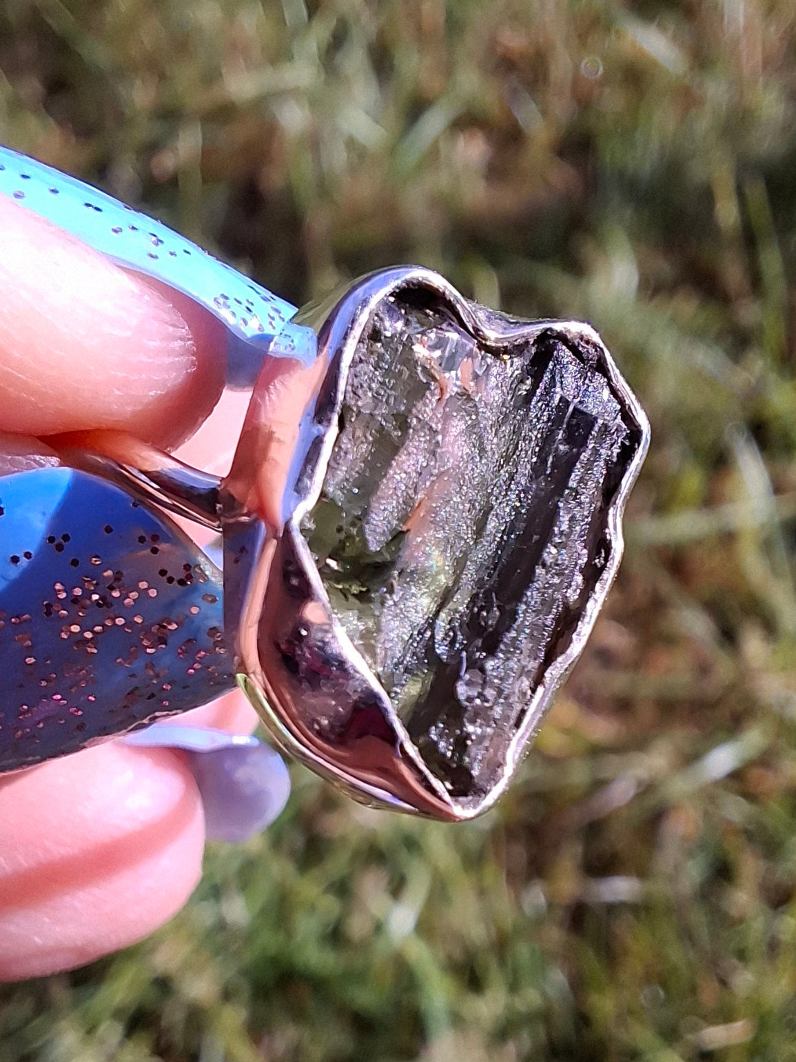 Moldavite Ring, size large N, 925 Silver, Tektite (Ref: R25)