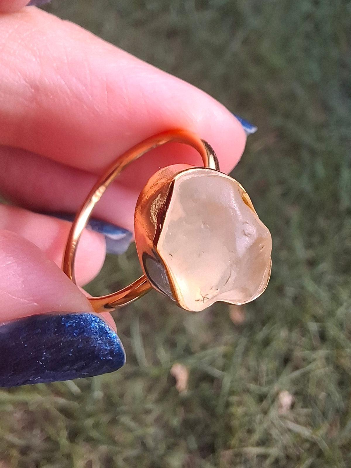Libyan Desert Glass Ring, 14K GOLD Plated, size large P/small Q, Tektite (Ref: LR73)