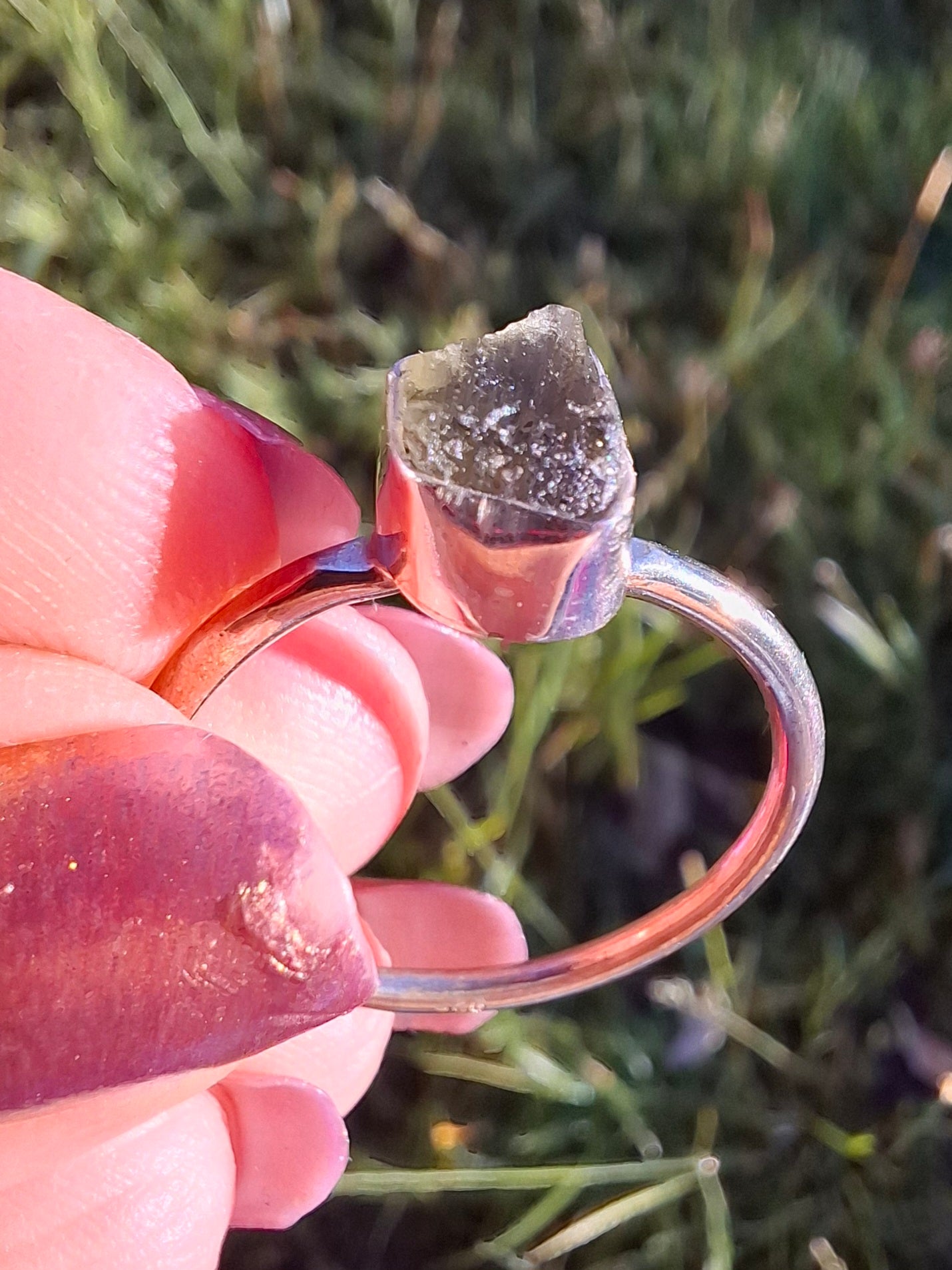 Moldavite Ring, size small W, 925 Silver, Tektite (Ref: R59)