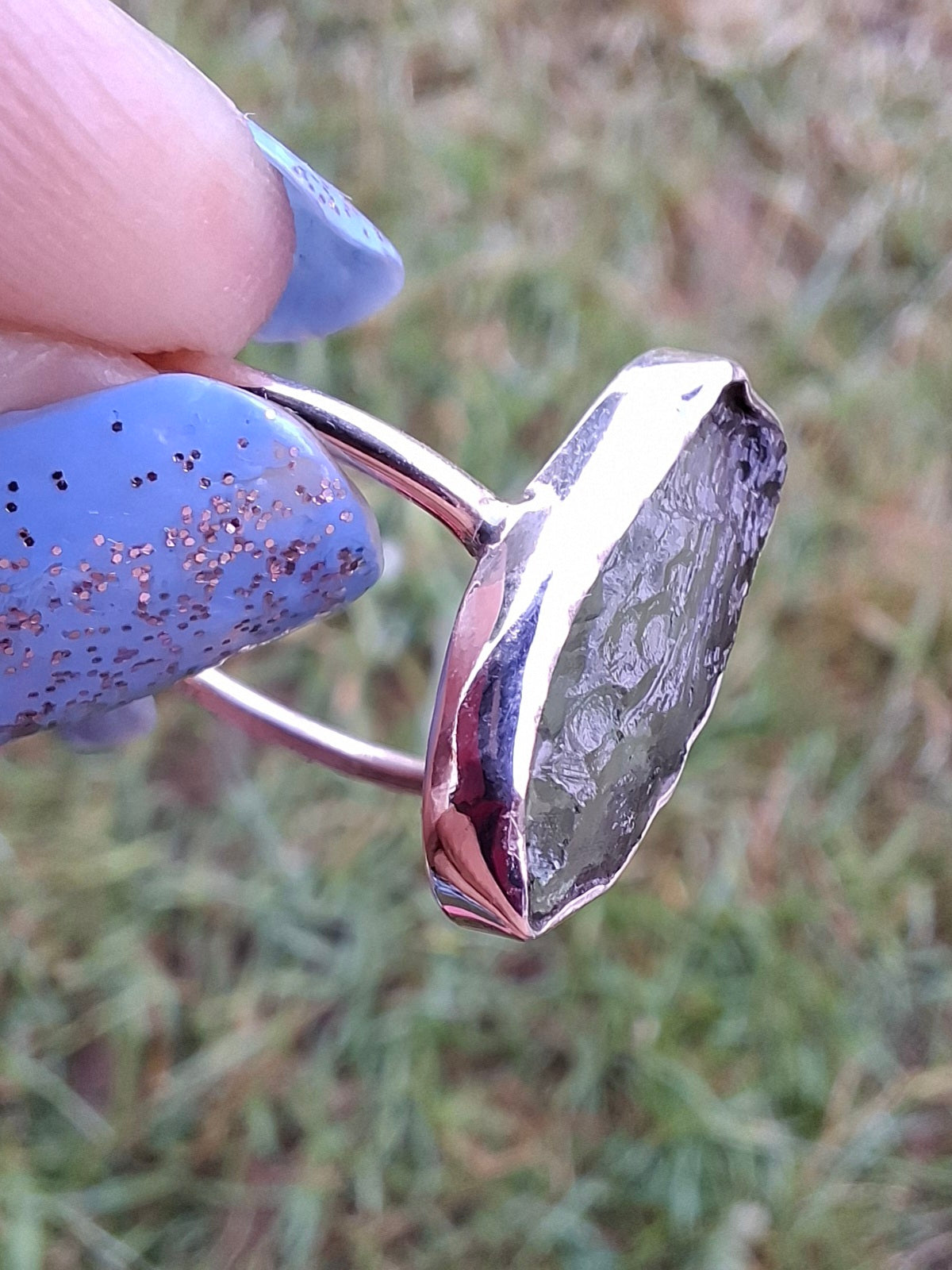 Moldavite Ring, size large R, 925 Silver, Tektite (Ref: R27)