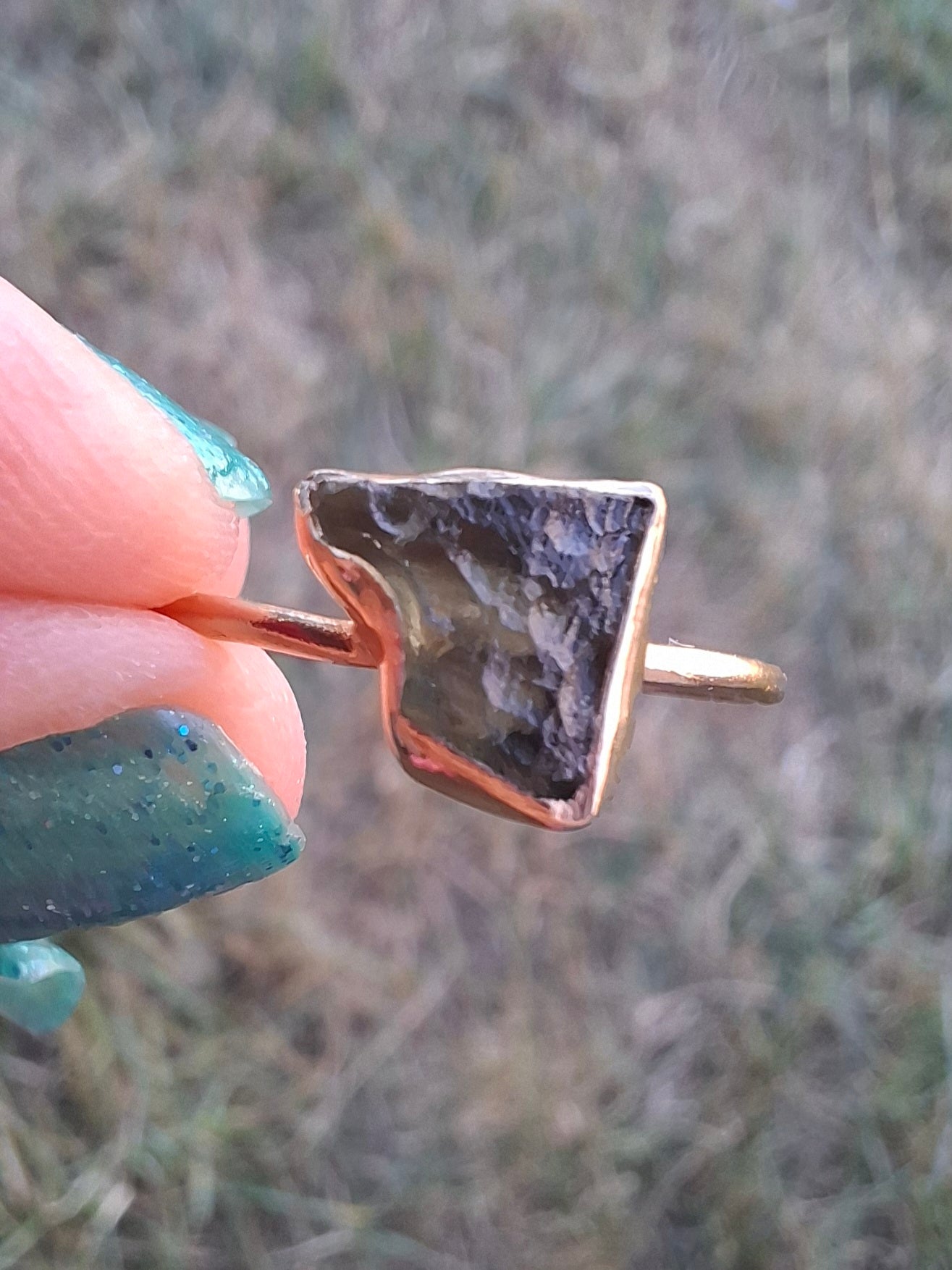 Moldavite Ring, 14K GOLD Plated, size large U, Tektite (Ref: R351)
