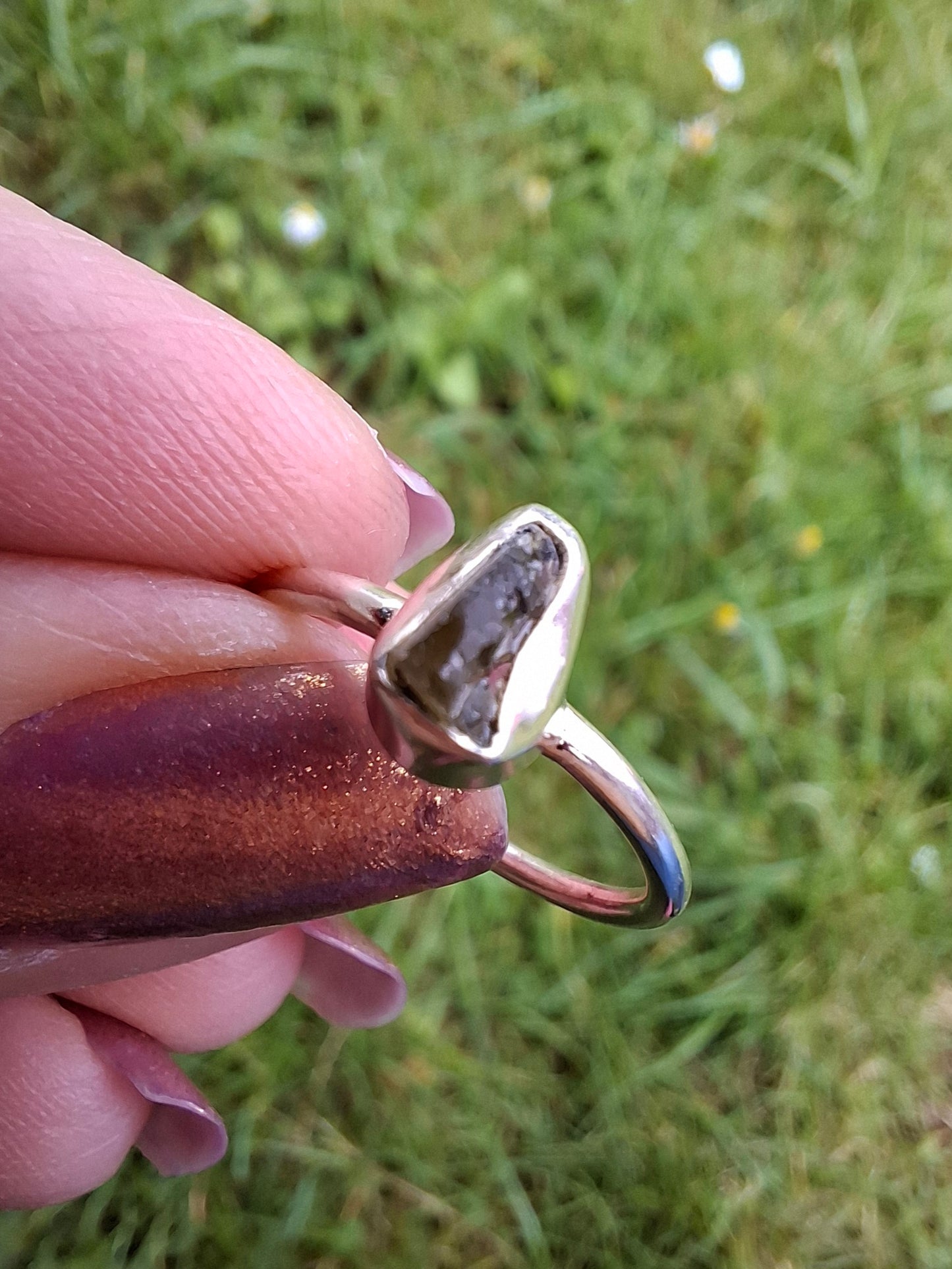 Moldavite Ring, size large K/small L, 925 Silver, Tektite (Ref: R58)