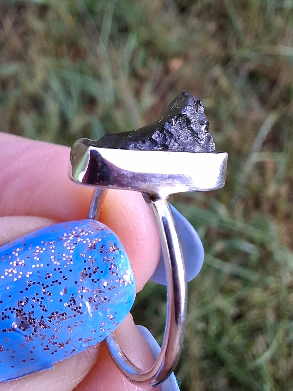 Moldavite Ring, size large J, 925 Silver, Tektite (Ref: R20)
