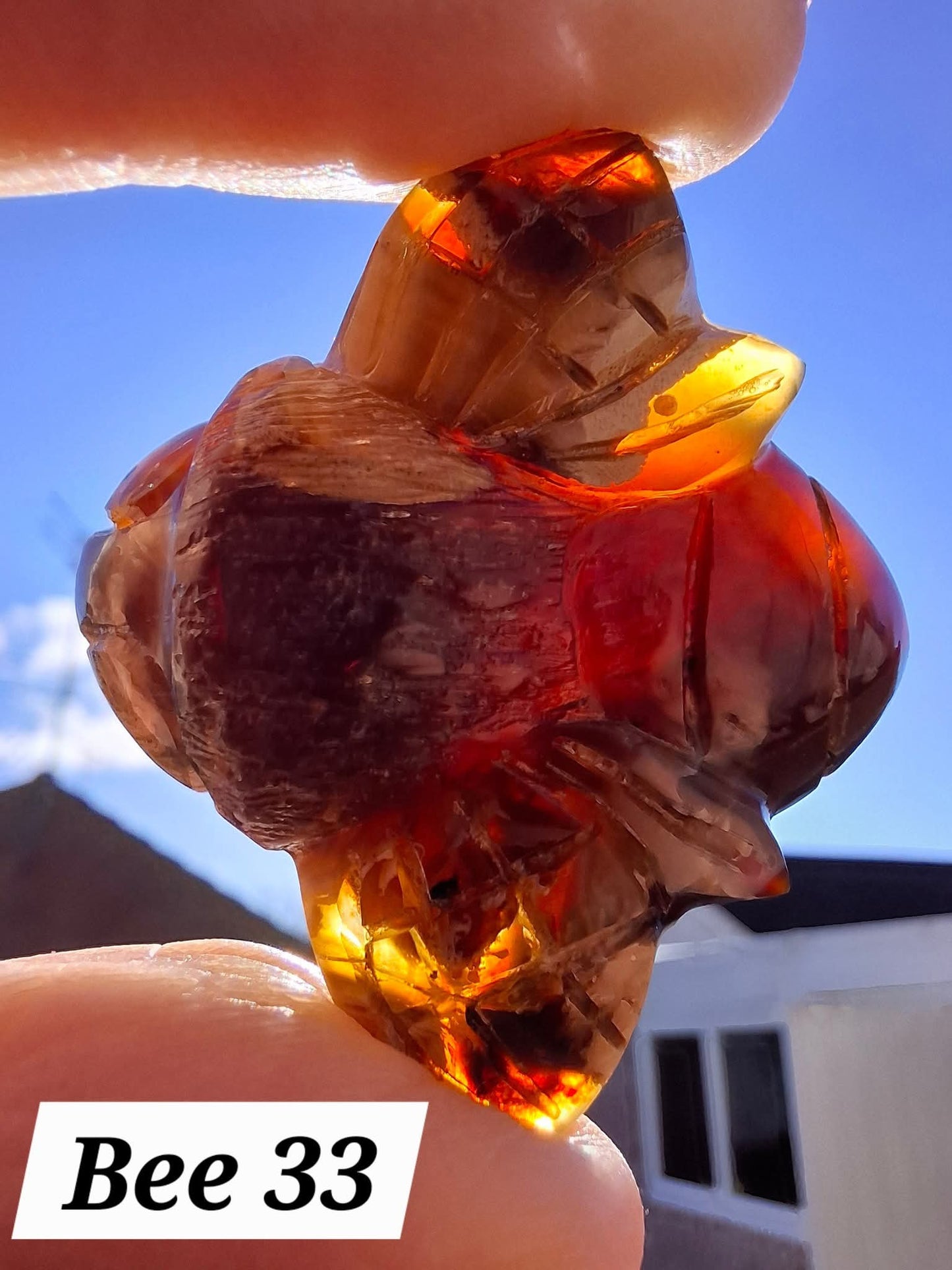 Red Amber Honey Bee Carving, 6.93g, Fossil (Ref: Bee33)