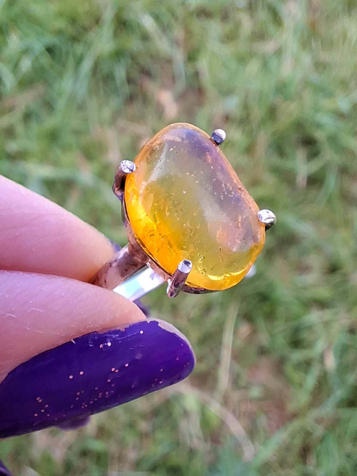 Baltic Amber Ring, size large K, 925 Silver, Fossil (Ref: AR31)