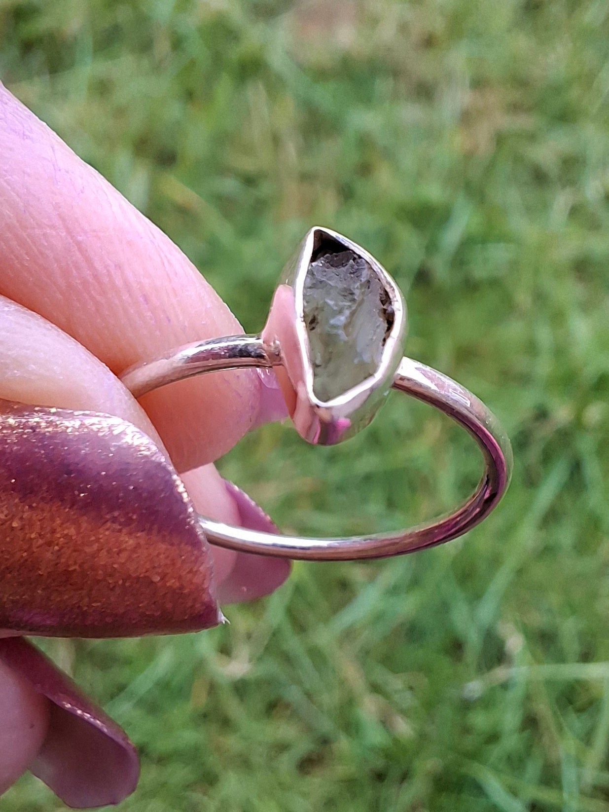 Moldavite Ring, size small L, 925 Silver, Tektite (Ref: R35)