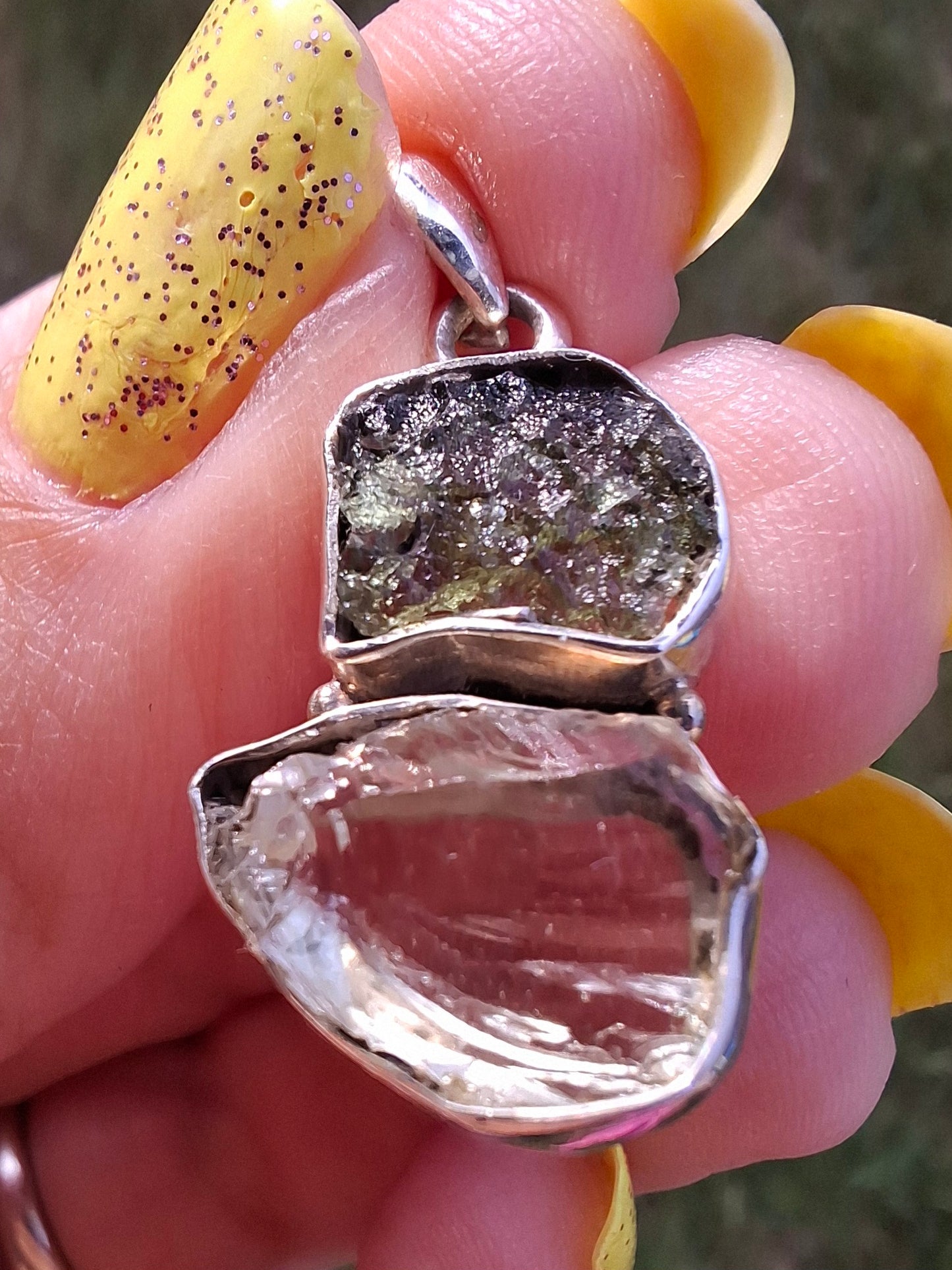 Moldavite & Libyan Desert Glass Pendant, 925 Silver, Tektite (Ref: MLP4)