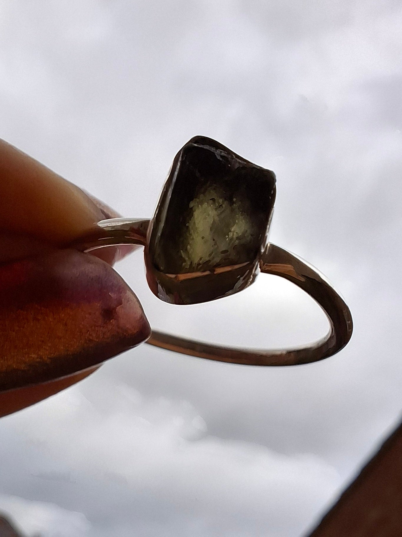 Moldavite Ring, size small W, 925 Silver, Tektite (Ref: R59)