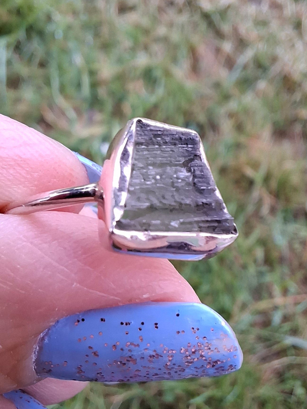 Moldavite Ring, size large P/small Q, 925 Silver, Tektite (Ref: R26)