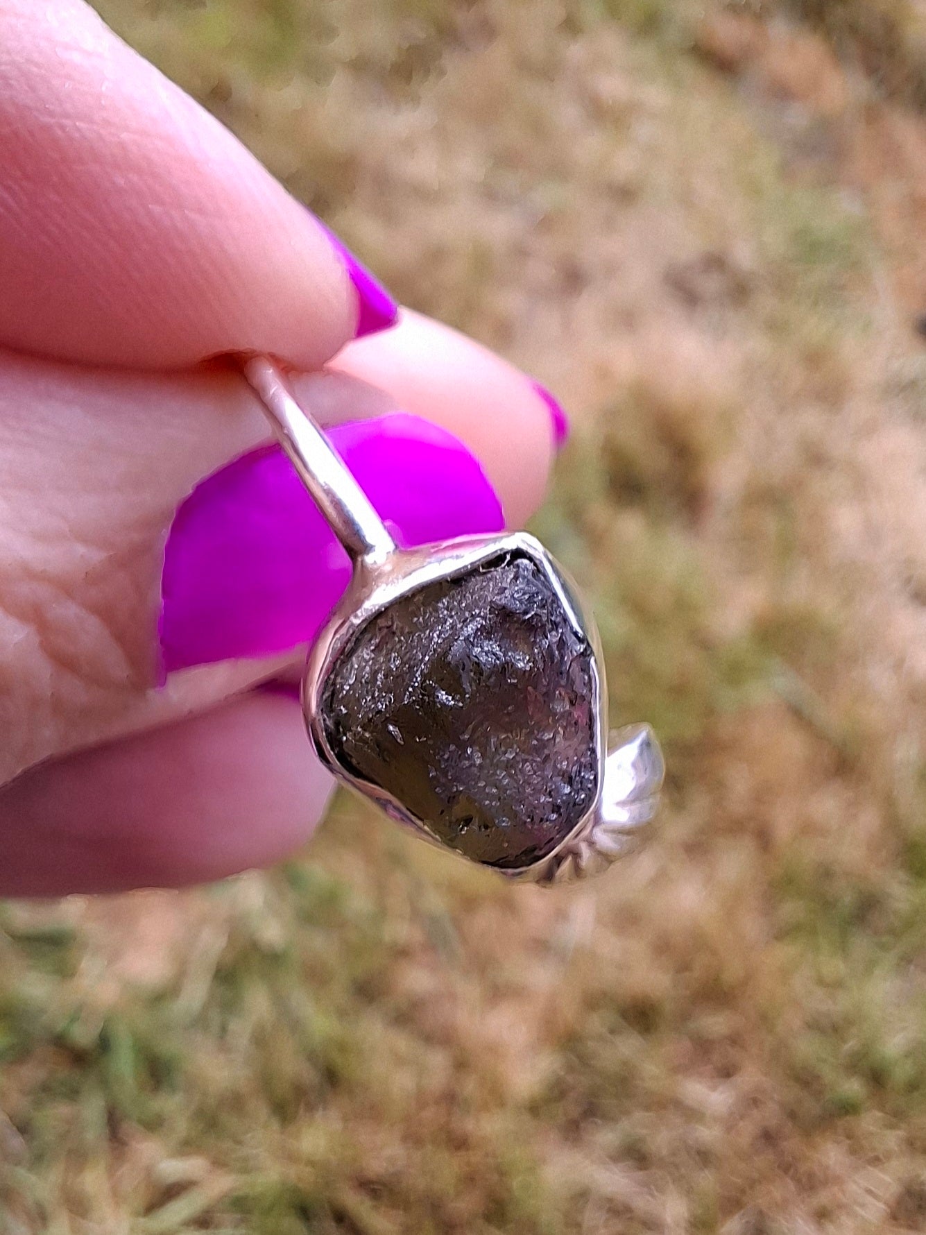 Moldavite ADJUSTABLE Ring, size large V/small W, 925 Silver, Tektite (Ref: AR51)