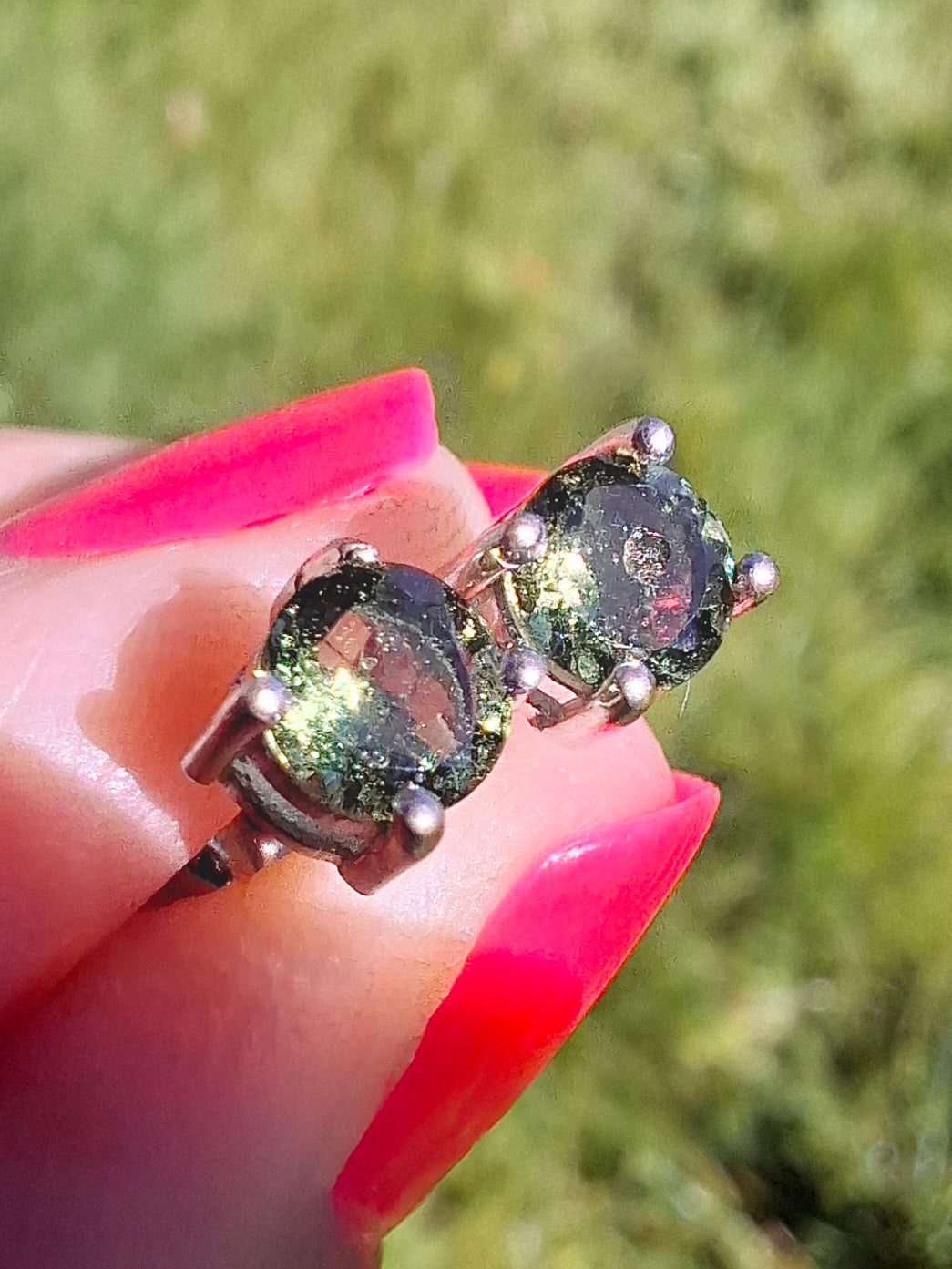 Moldavite (faceted) 5mm STUD EARRINGS, 925 Silver, Tektite (Ref: Pair17)