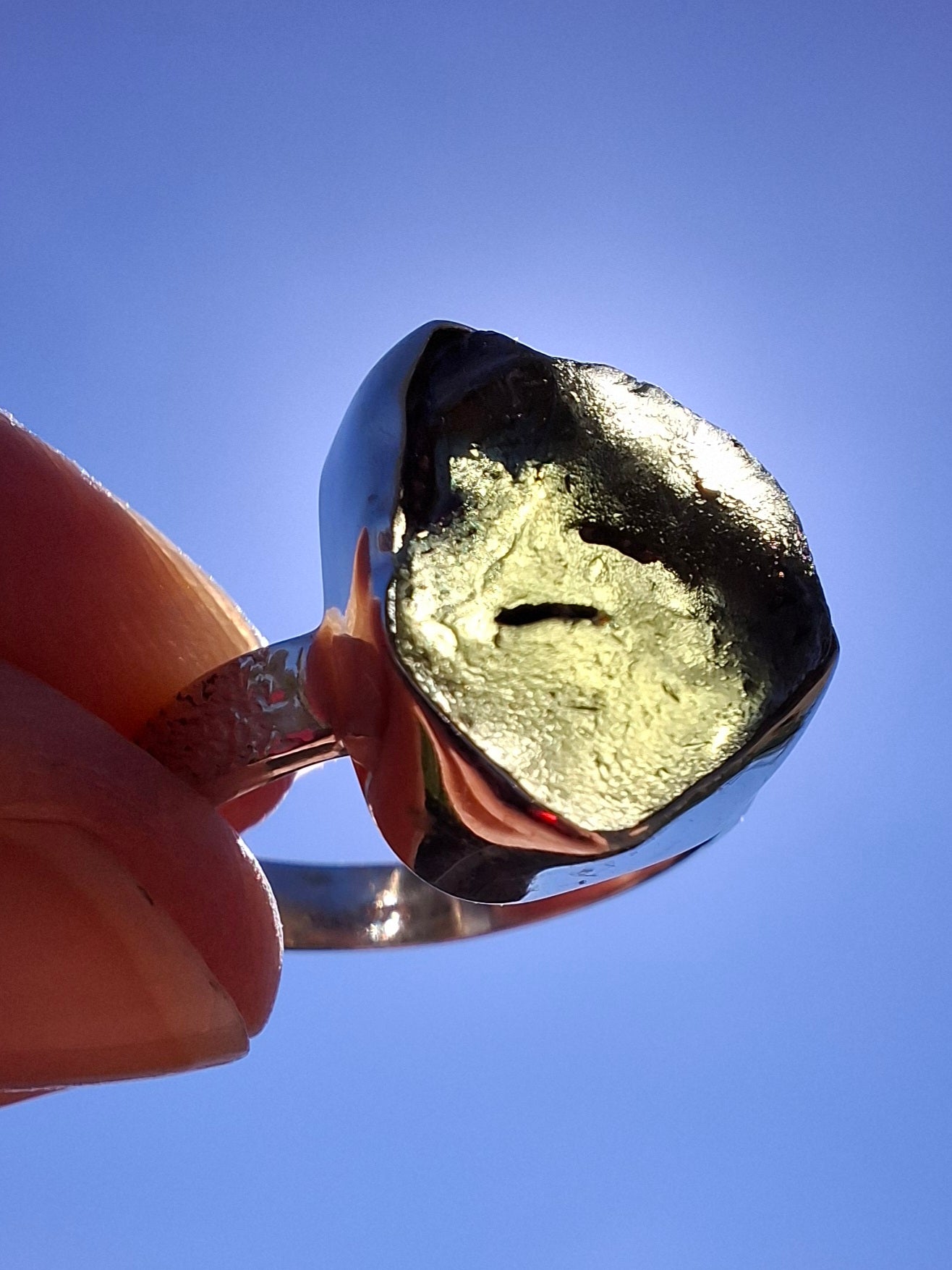 Moldavite Ring, size R, 925 Silver, Tektite (Ref: R317)