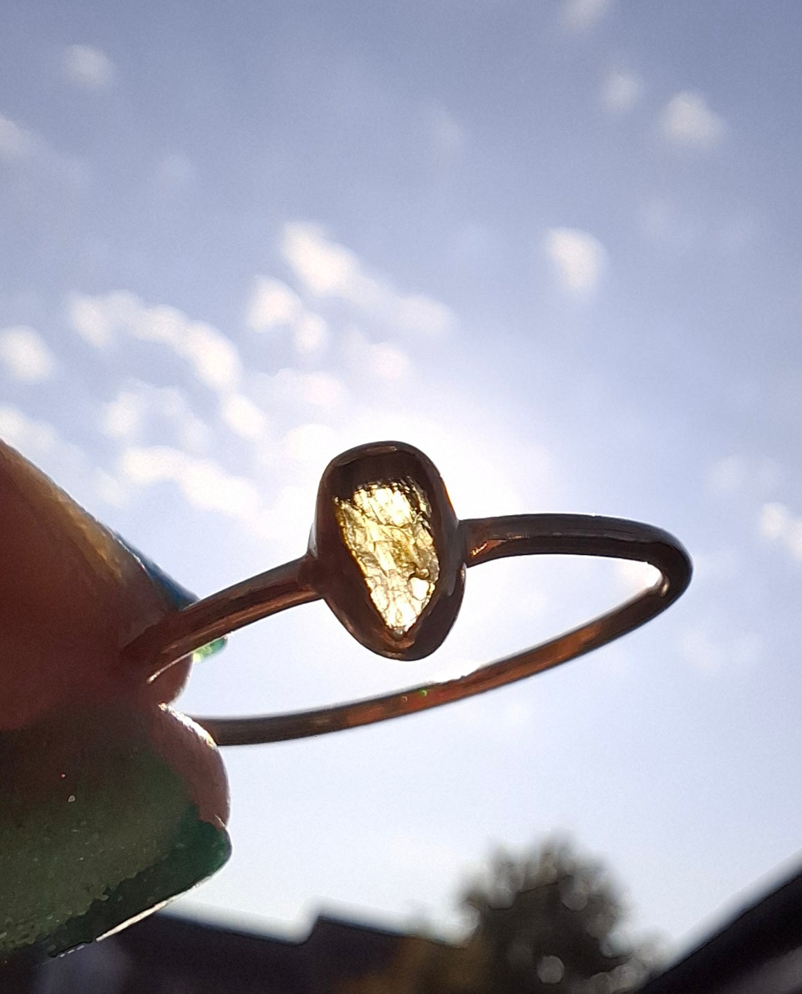 Moldavite Ring, 14K GOLD Plated, size large S, Tektite (Ref: R345)