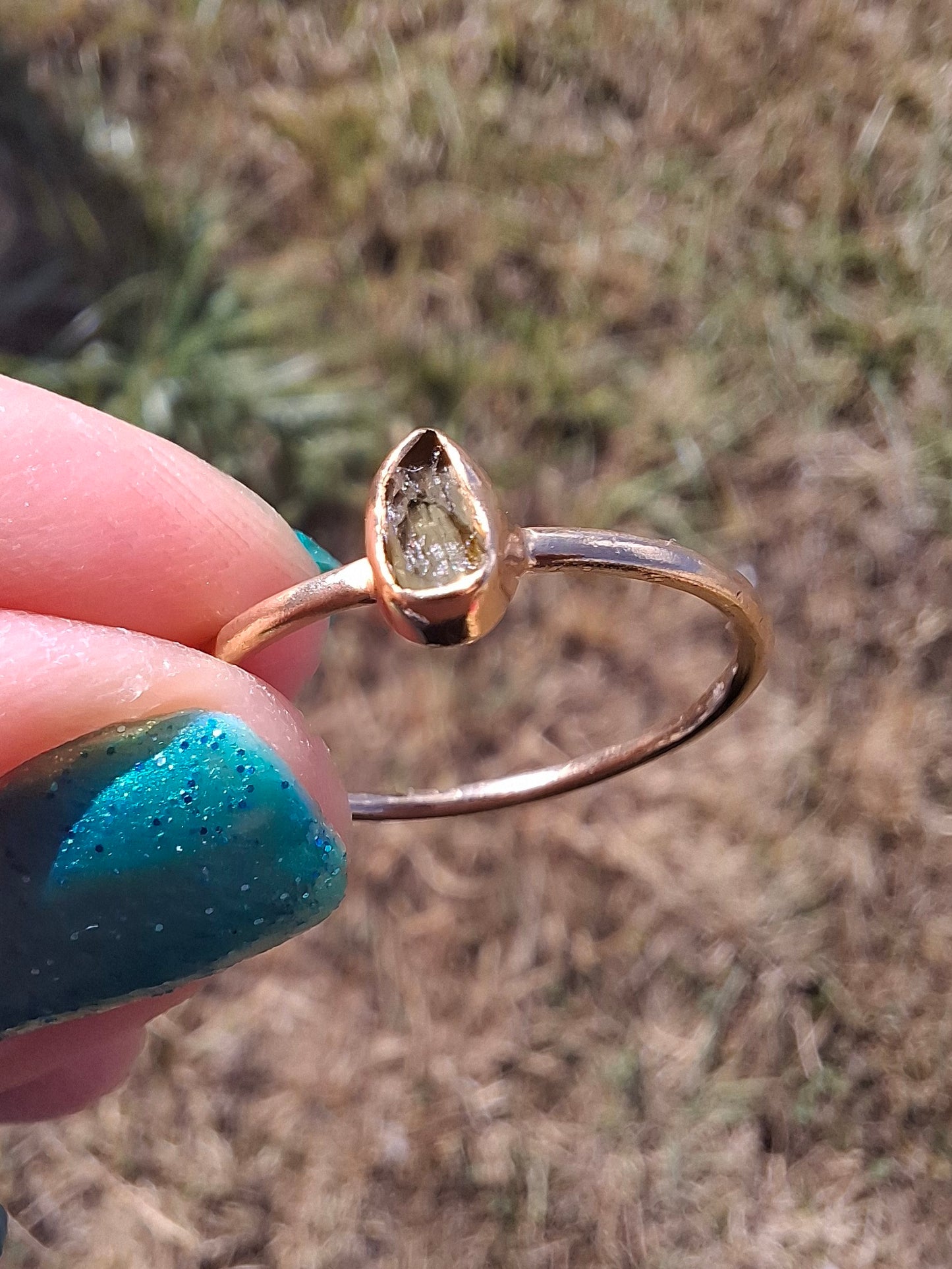 Moldavite Ring, 14K GOLD Plated, size large S, Tektite (Ref: R345)