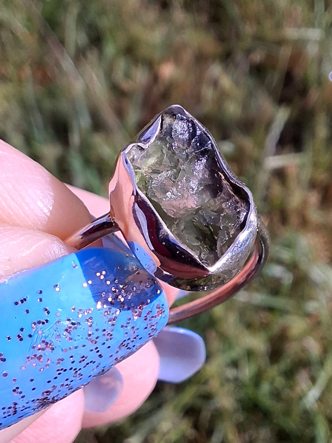 Moldavite Ring, size M, 925 Silver, Tektite (Ref: R22)