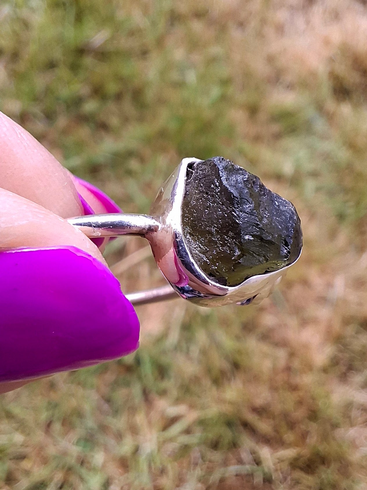 Moldavite ADJUSTABLE Ring, size large V/small W, 925 Silver, Tektite (Ref: AR51)