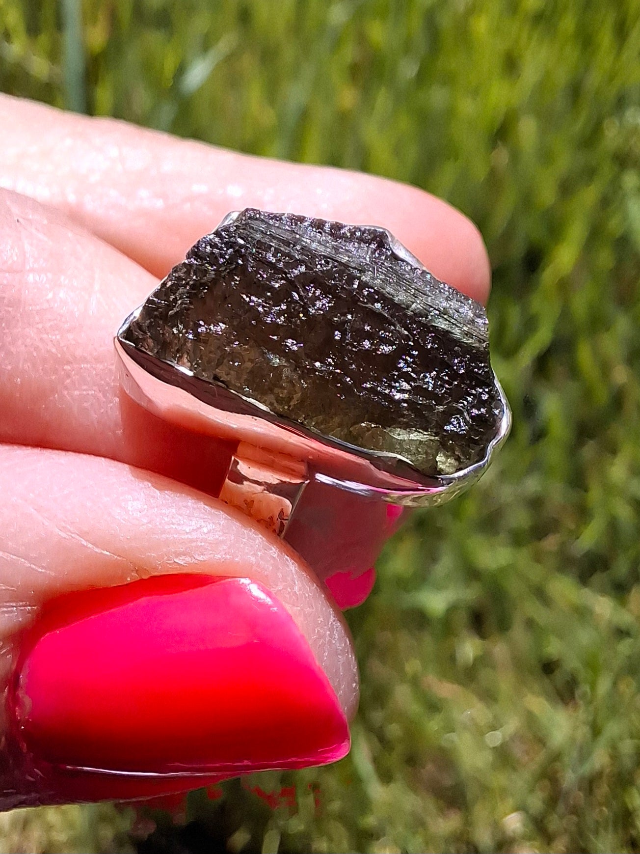 Moldavite Ring, size large R/small S, 925 Silver, Tektite (Ref: R319)