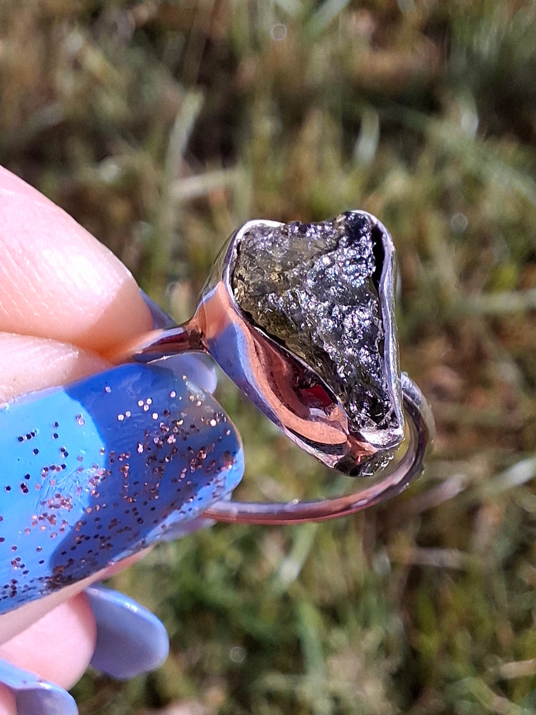 Moldavite Ring, size large M, 925 Silver, Tektite (Ref: R23)