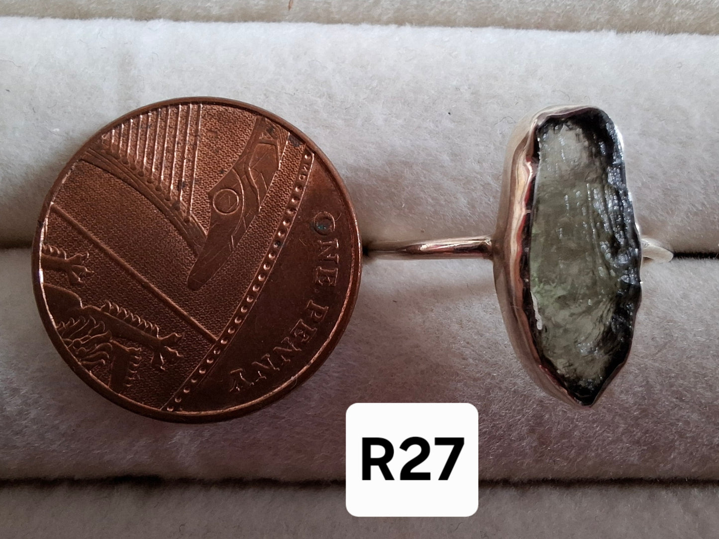 Moldavite Ring, size large R, 925 Silver, Tektite (Ref: R27)