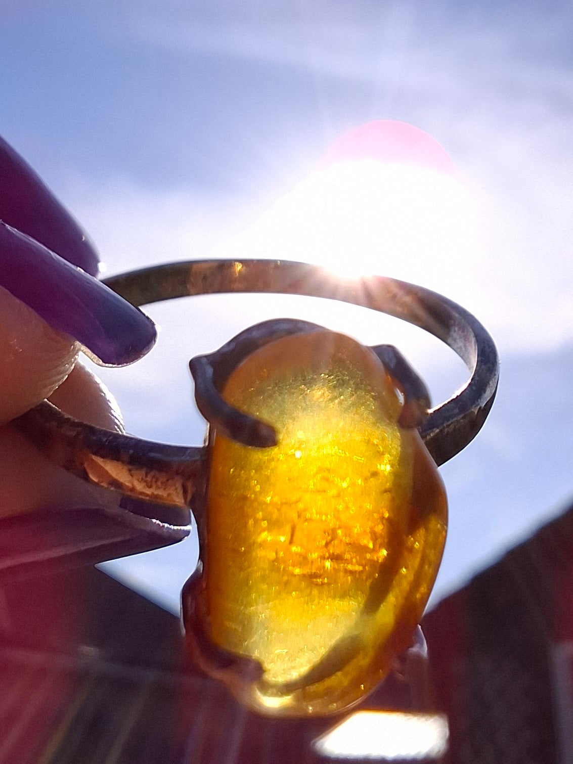 Baltic Amber Ring, size large T, 925 Silver, Fossil (Ref: AR18)