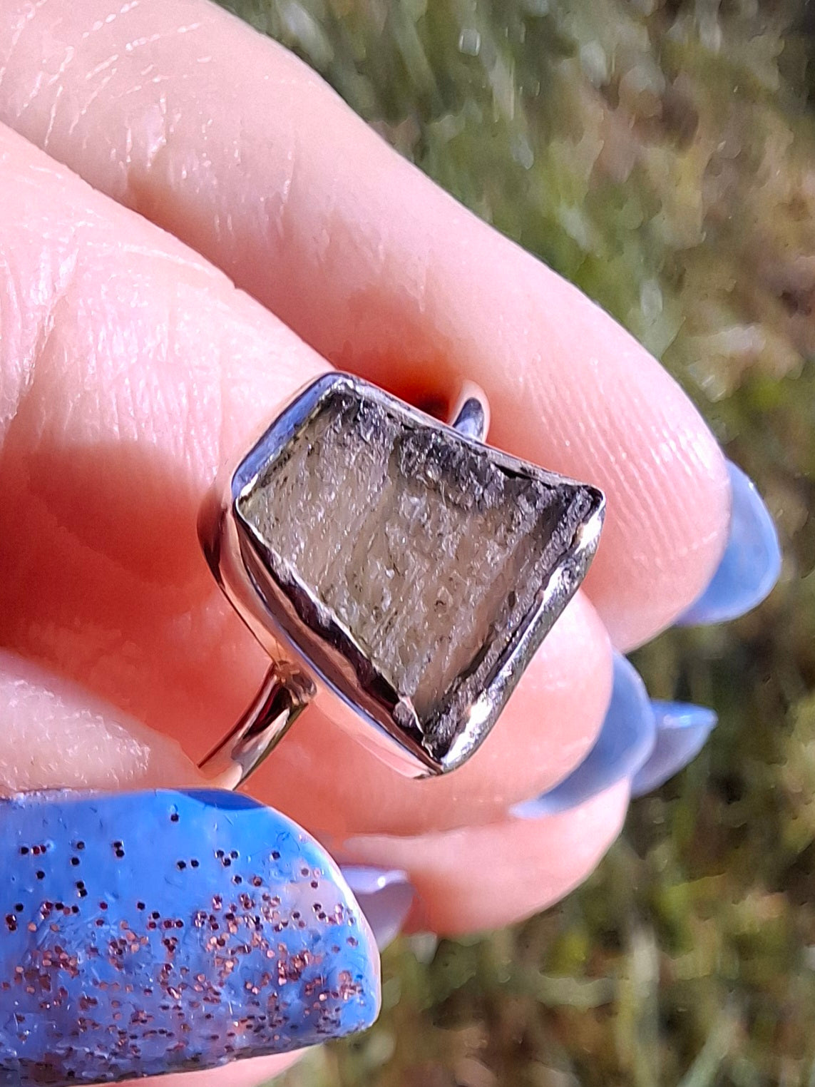 Moldavite Ring, size large P/small Q, 925 Silver, Tektite (Ref: R26)
