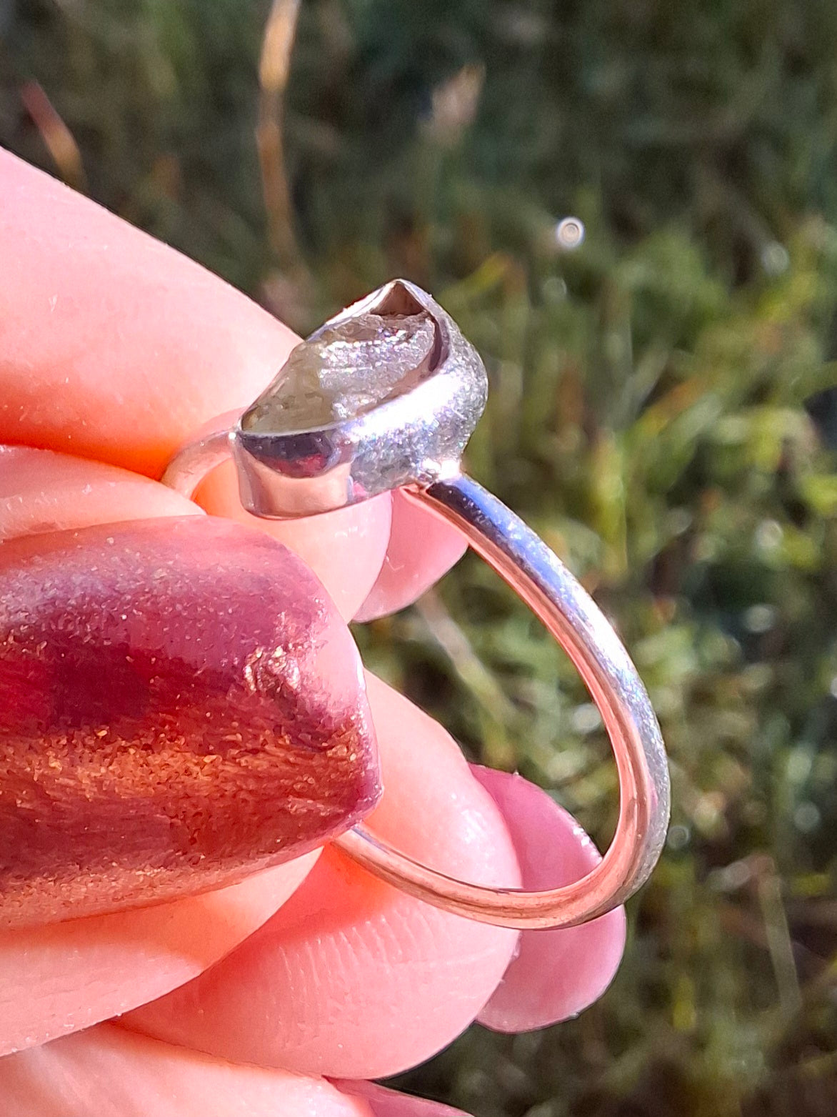 Moldavite Ring, size small L, 925 Silver, Tektite (Ref: R35)