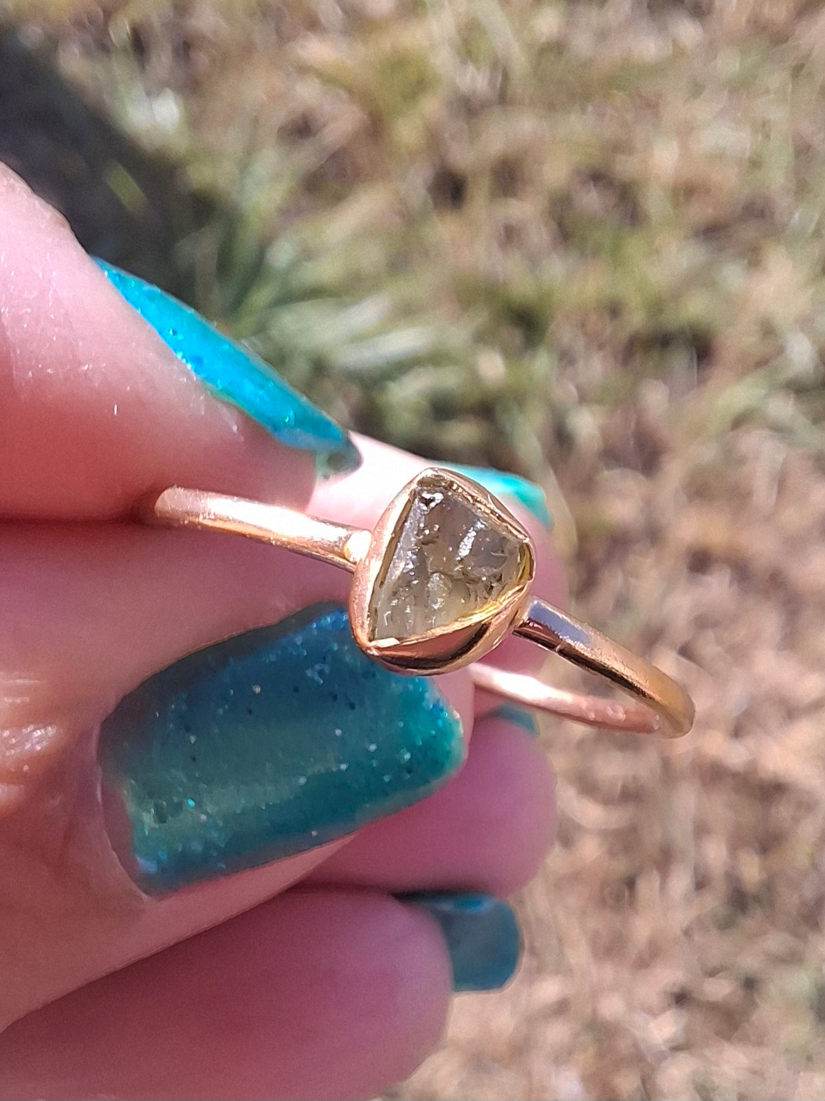 Moldavite Ring, 14K GOLD Plated, size large S / small T, Tektite (Ref: R352)