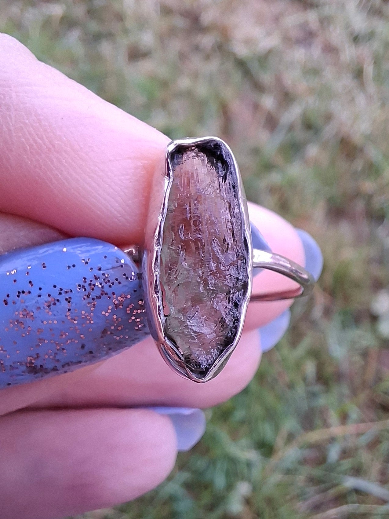 Moldavite Ring, size large R, 925 Silver, Tektite (Ref: R27)