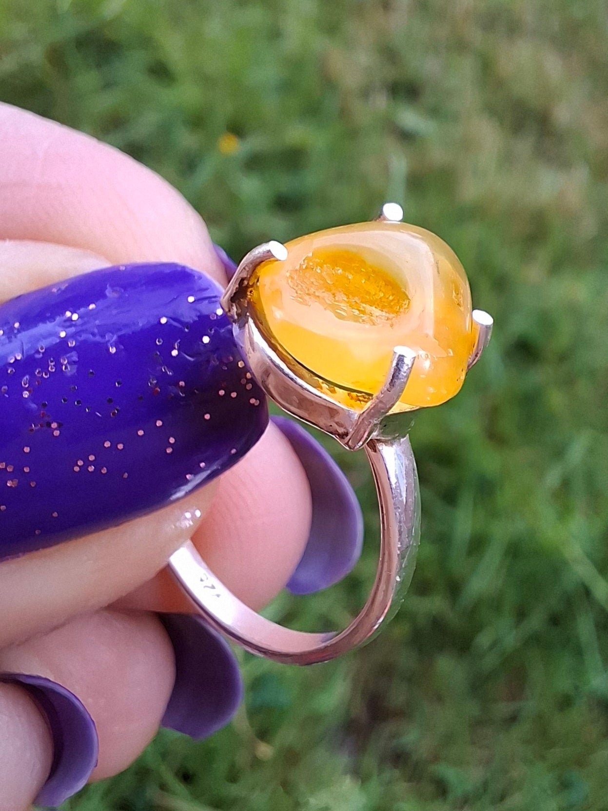 Baltic Amber Ring, size large L, 925 Silver, Fossil (Ref: AR2)