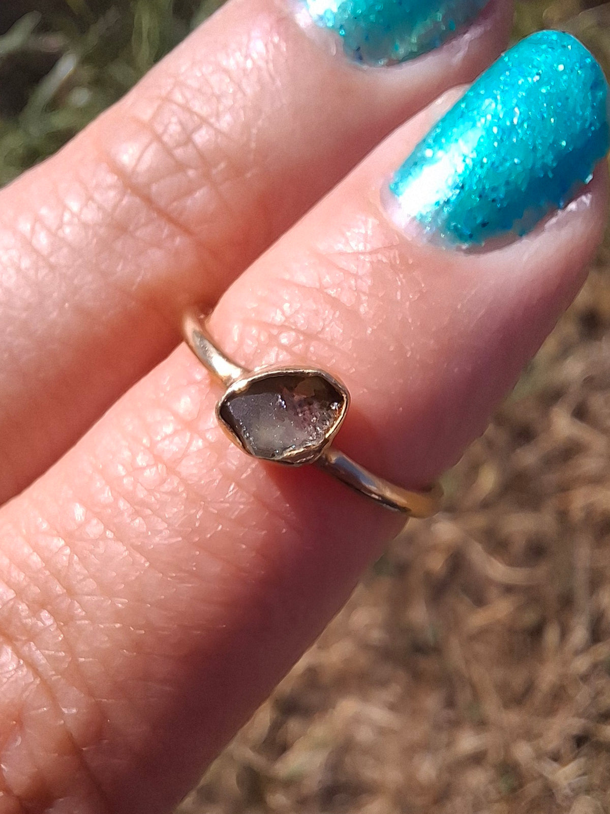 Moldavite Ring, 14K GOLD Plated, size large G / small H, Tektite (Ref: R334)