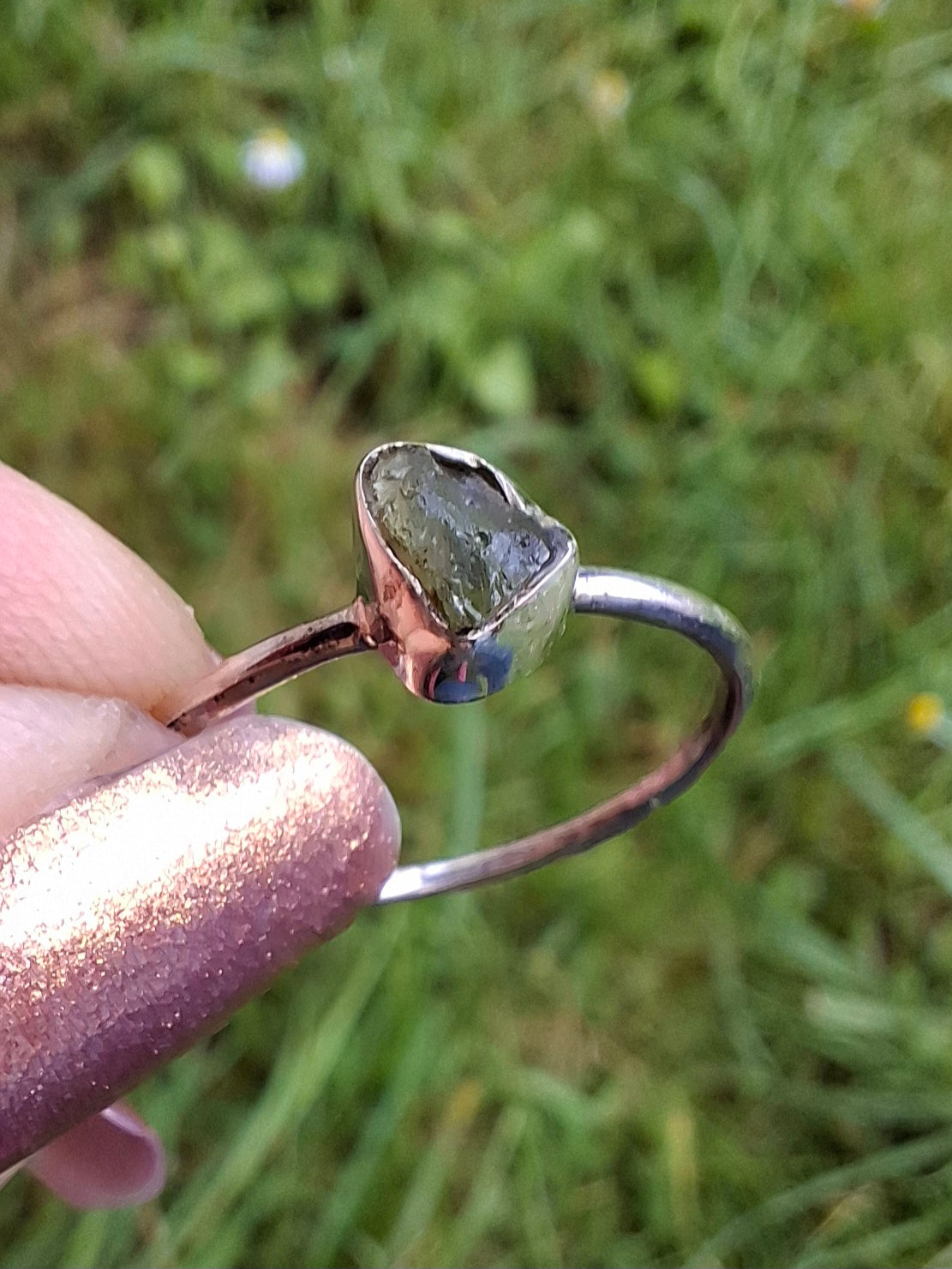 Moldavite Ring, size R, 925 Silver, Tektite (Ref: R64)