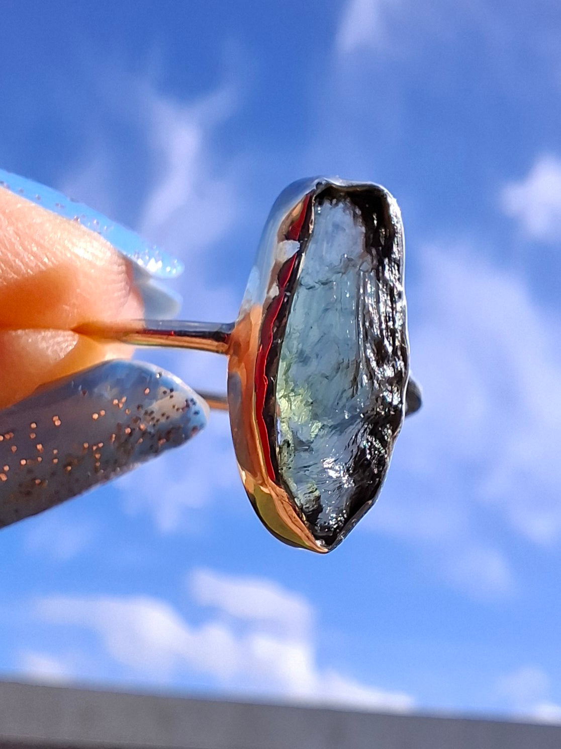 Moldavite Ring, size large R, 925 Silver, Tektite (Ref: R27)