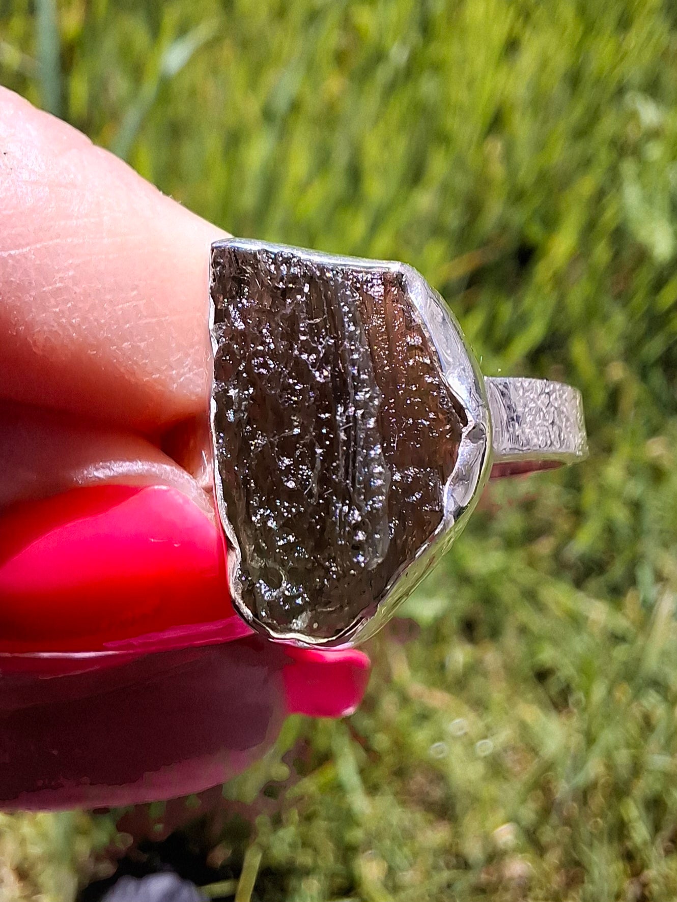 Moldavite Ring, size large R/small S, 925 Silver, Tektite (Ref: R319)