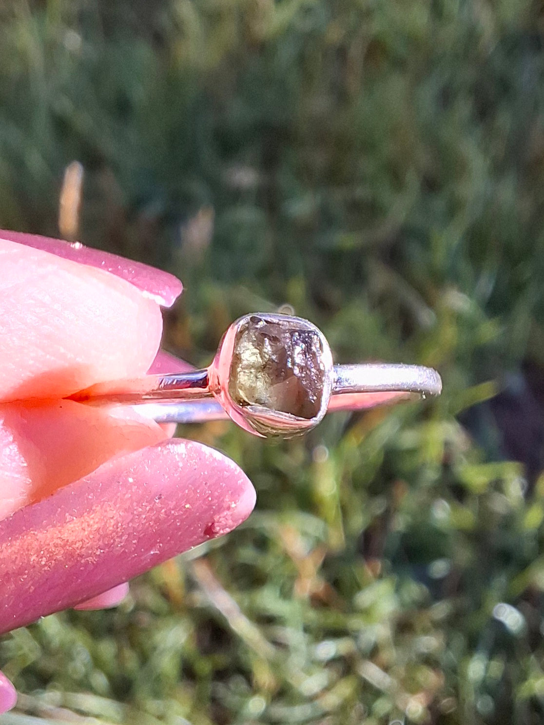 Moldavite Ring, size large L/small M, 925 Silver, Tektite (Ref: R37)