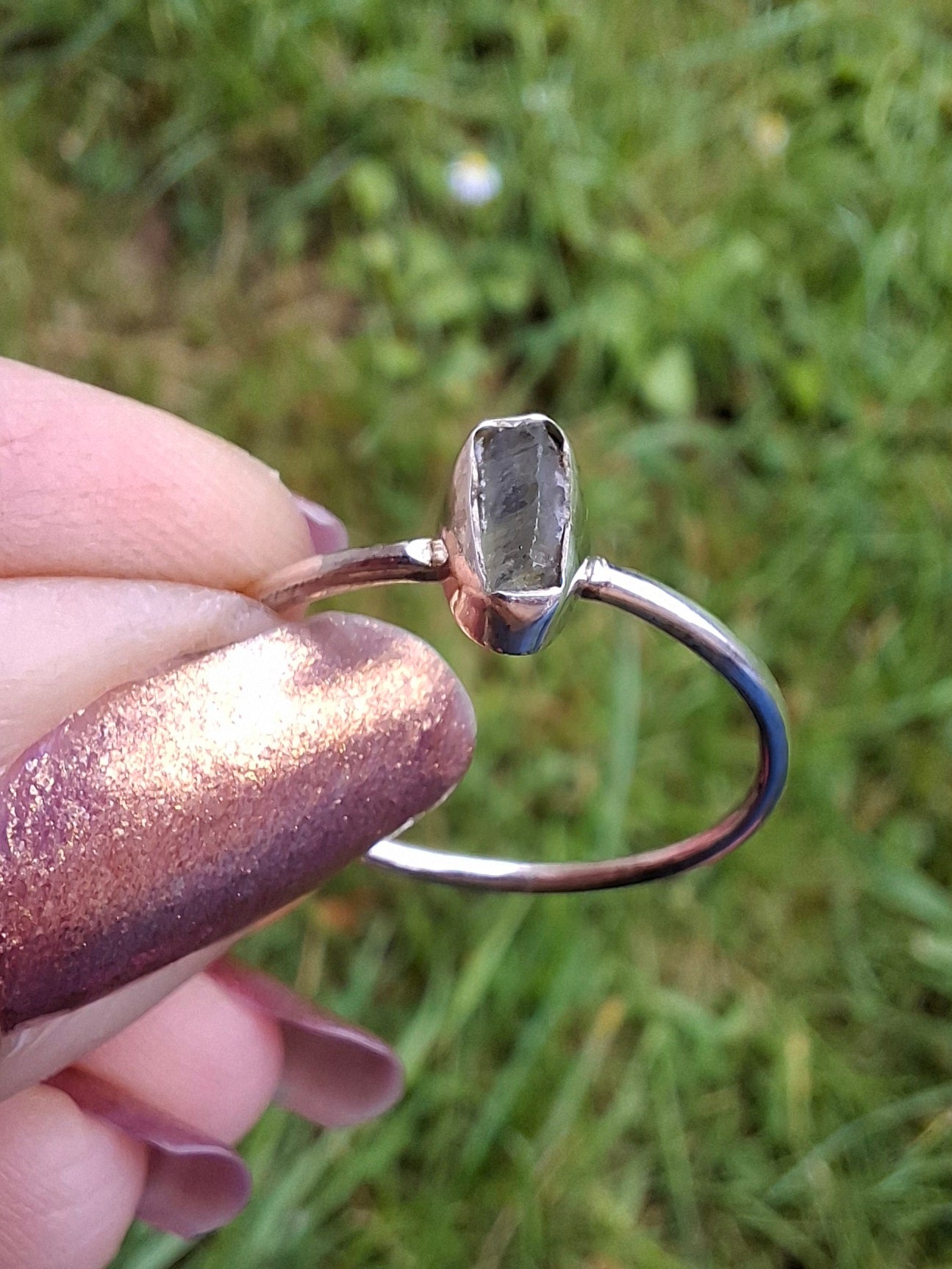Moldavite Ring, size large T/small U, 925 Silver, Tektite (Ref: R71)