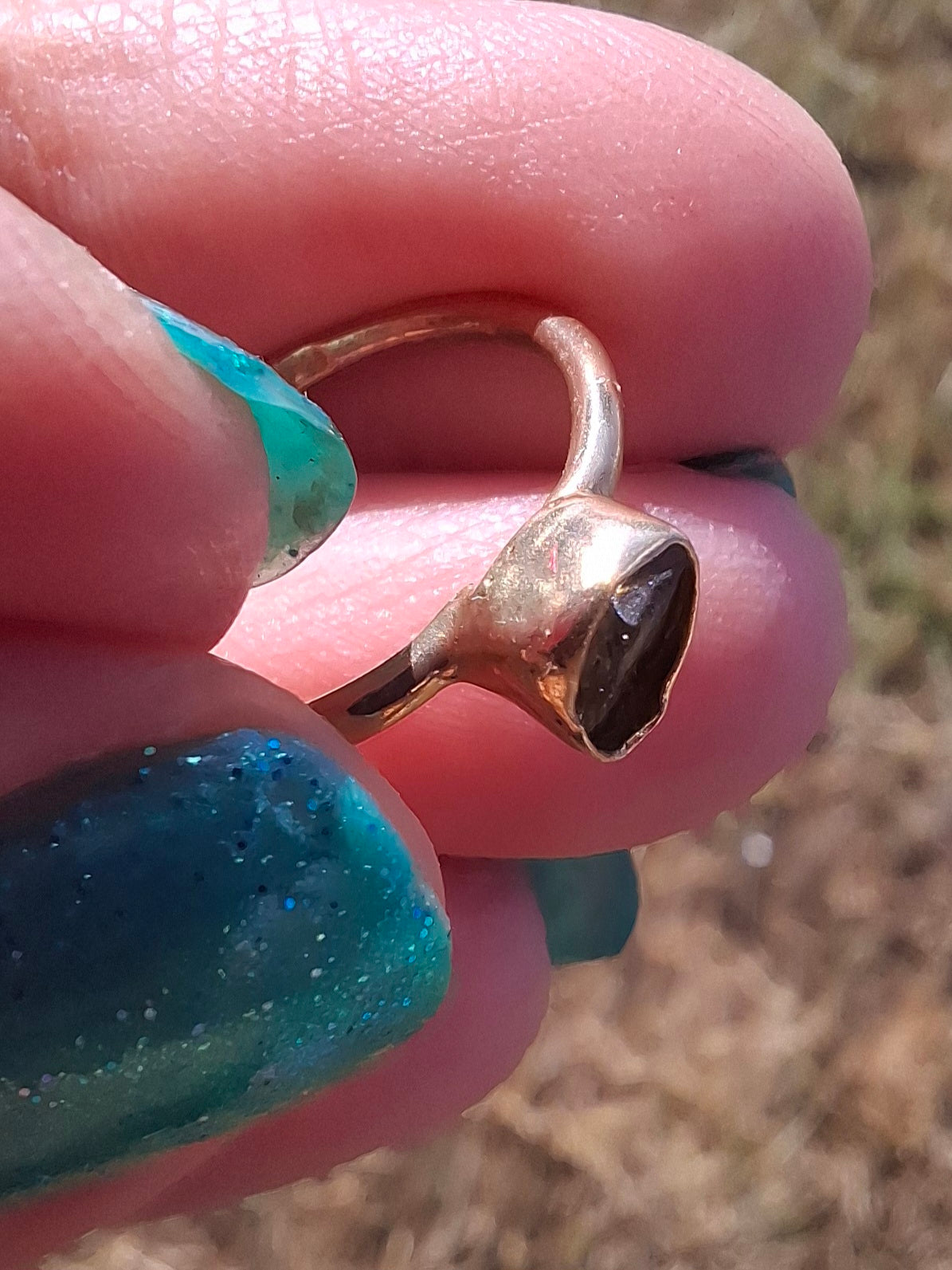 Moldavite Ring, 14K GOLD Plated, size large G / small H, Tektite (Ref: R334)