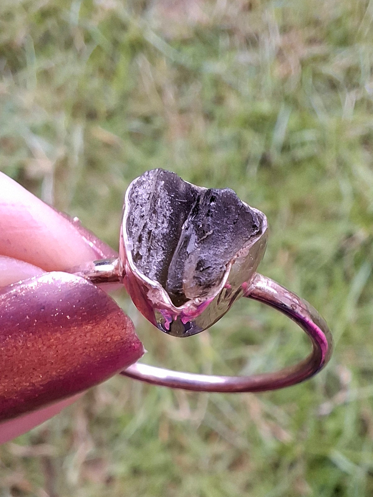 Moldavite Ring, size small X, 925 Silver, Tektite (Ref: R33)