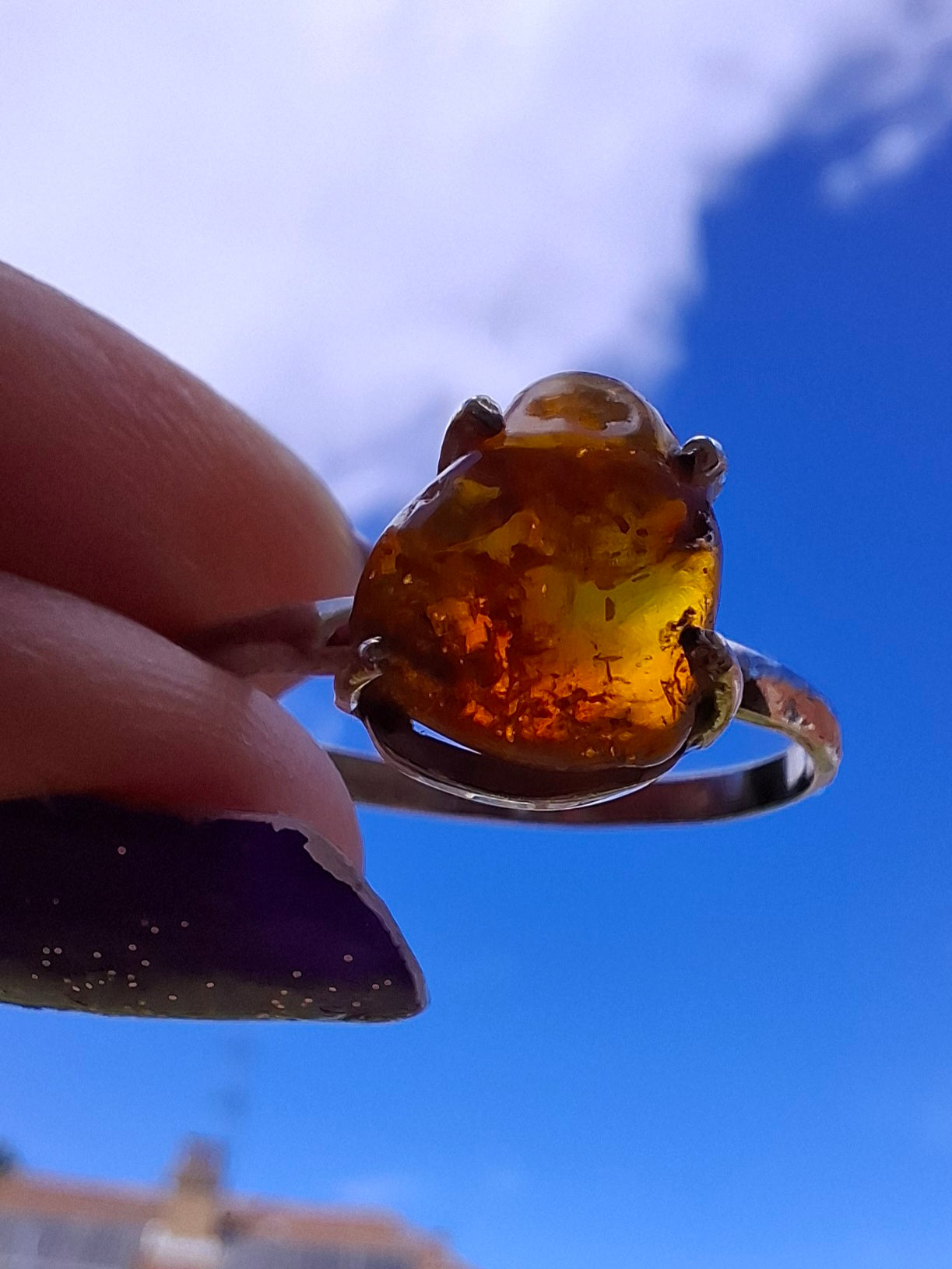 Baltic Amber Ring, size large X, 925 Silver, Fossil (Ref: AR34)