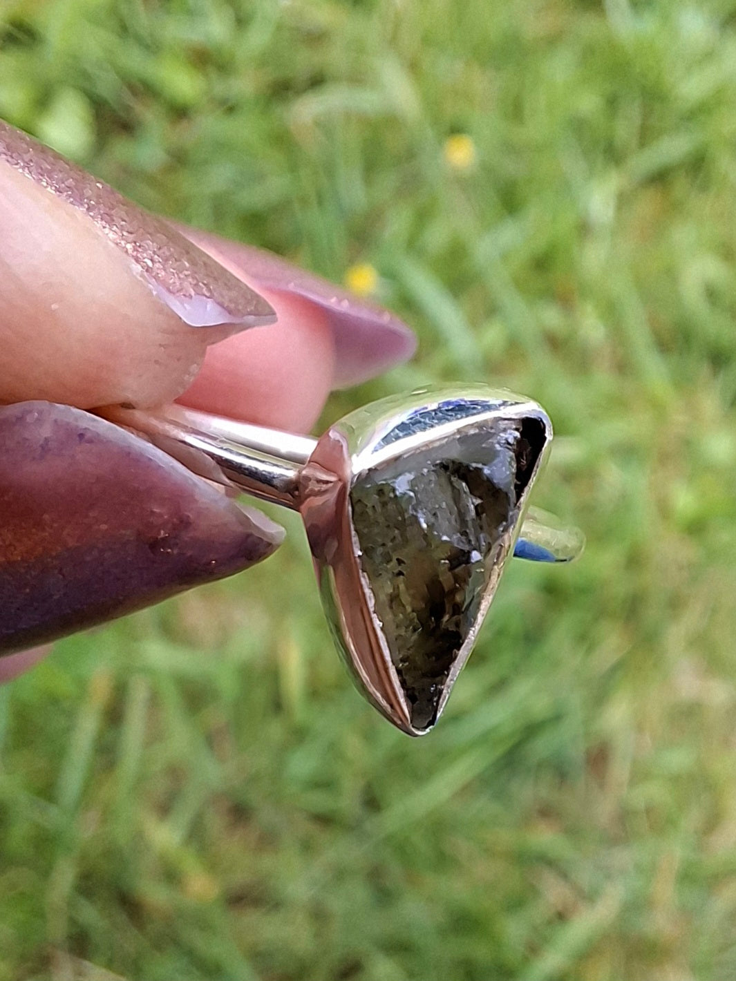 Moldavite Ring, size large K/small L, 925 Silver, Tektite (Ref: R57)