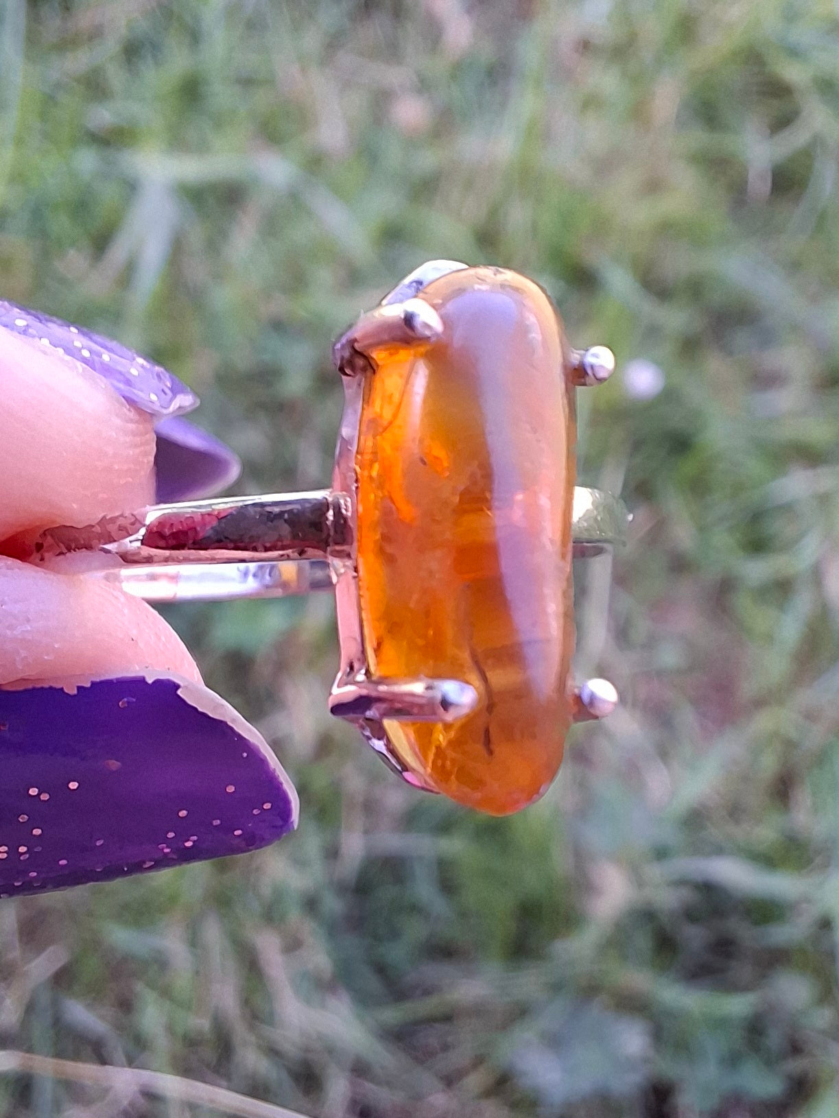 Baltic Amber Ring, size large V, 925 Silver, Fossil (Ref: AR25)
